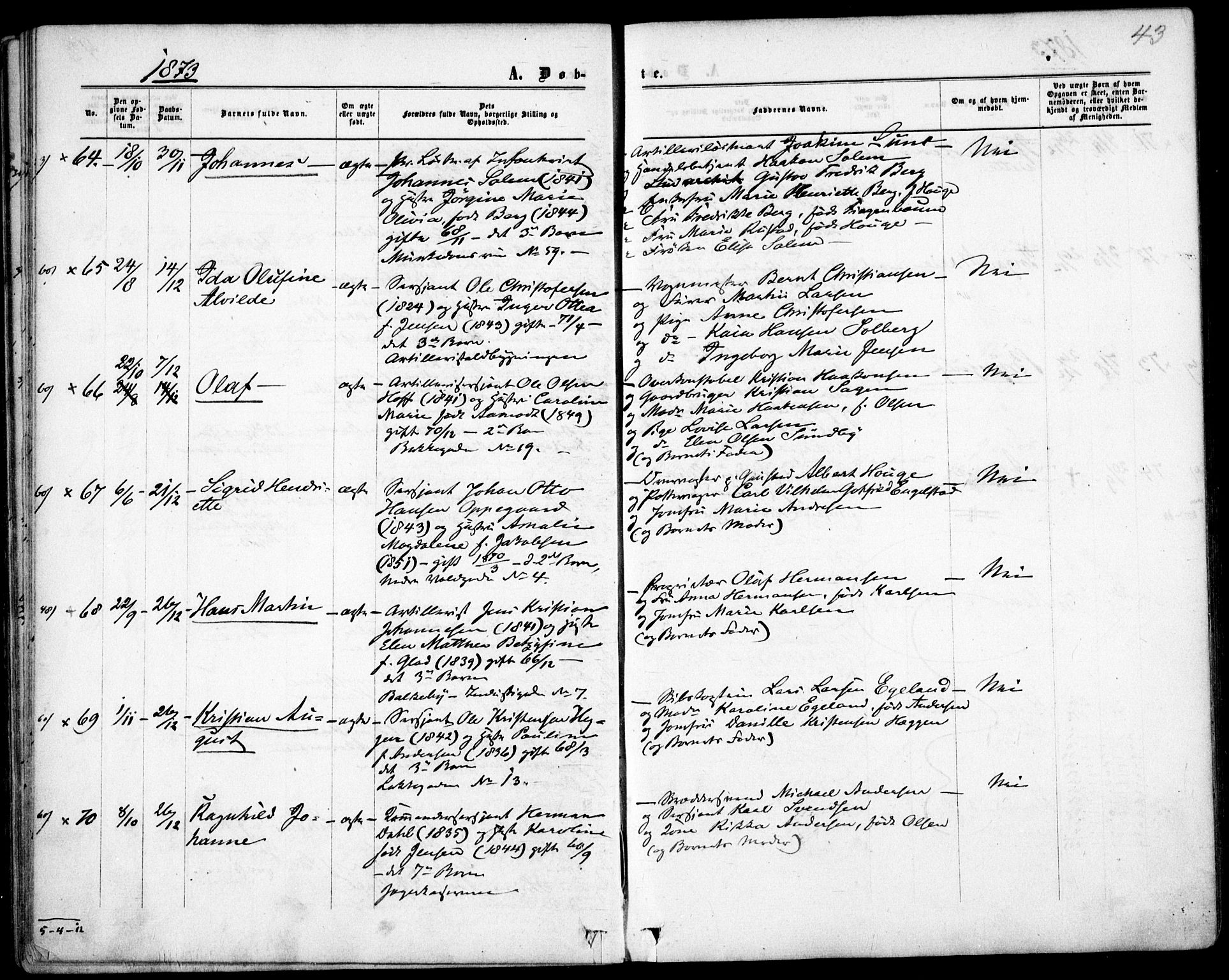 Garnisonsmenigheten Kirkebøker, SAO/A-10846/F/Fa/L0011: Parish register (official) no. 11, 1870-1880, p. 43