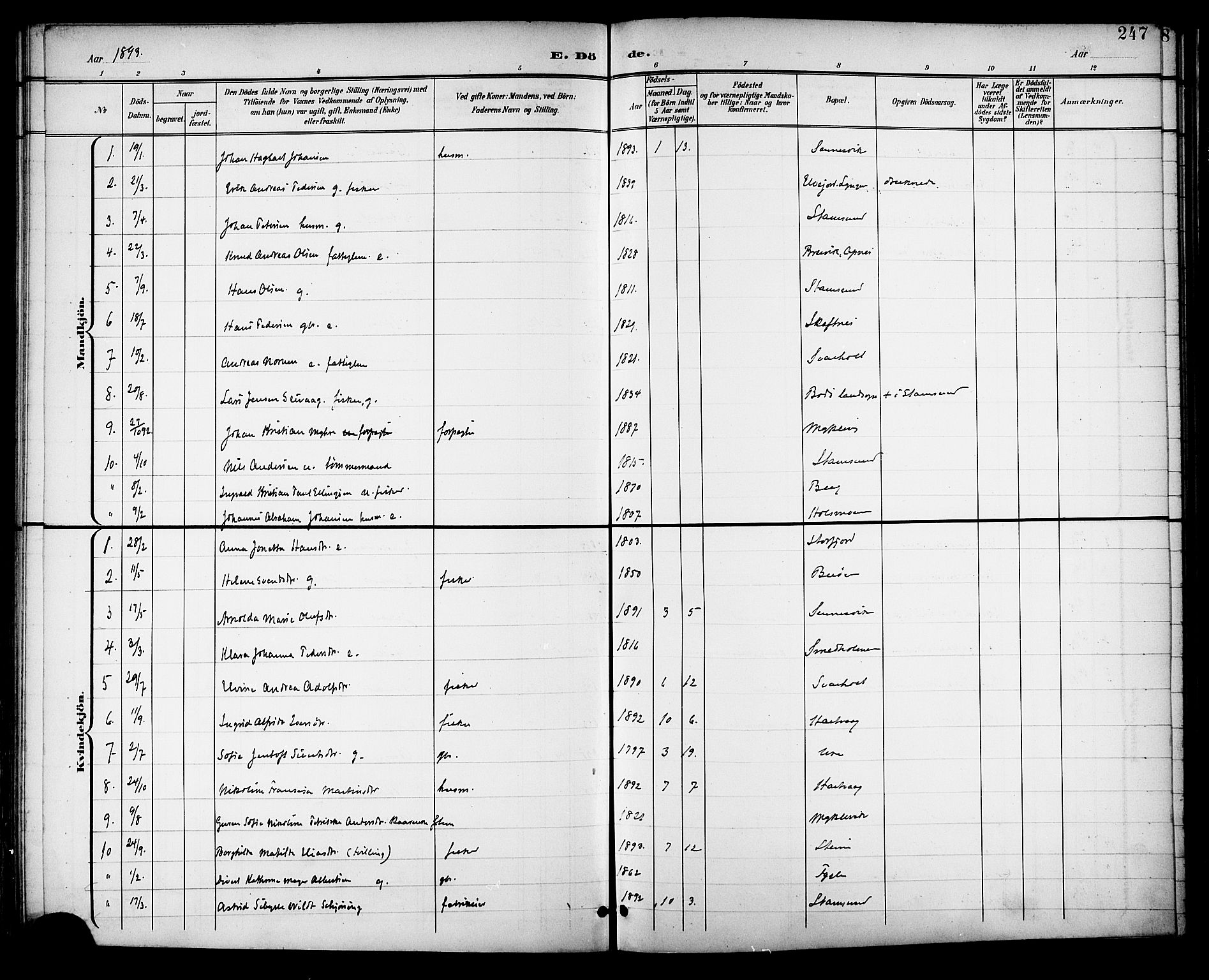 Ministerialprotokoller, klokkerbøker og fødselsregistre - Nordland, AV/SAT-A-1459/882/L1179: Parish register (official) no. 882A01, 1886-1898, p. 247