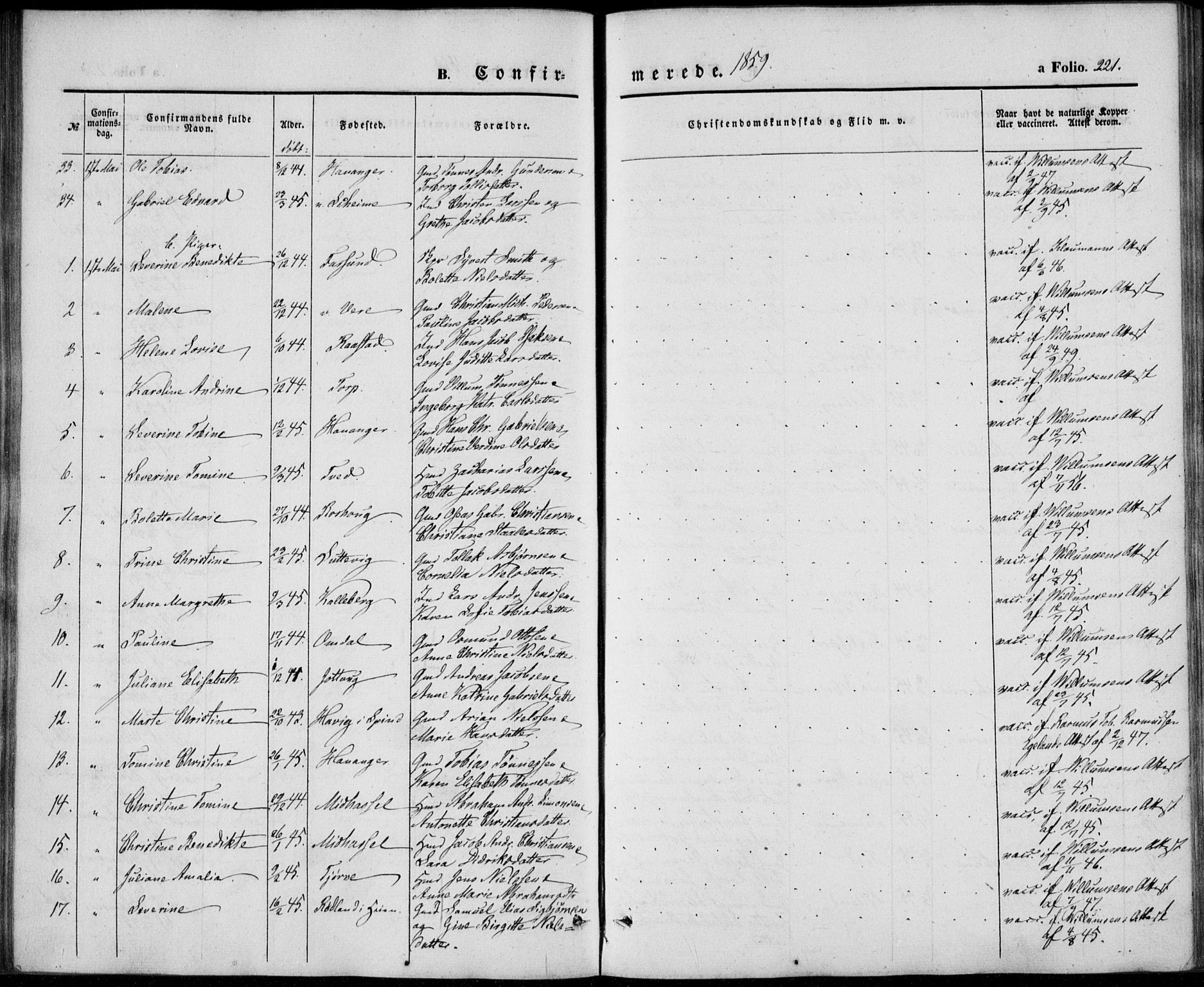 Lista sokneprestkontor, AV/SAK-1111-0027/F/Fb/L0002: Parish register (copy) no. B 2, 1847-1862, p. 221