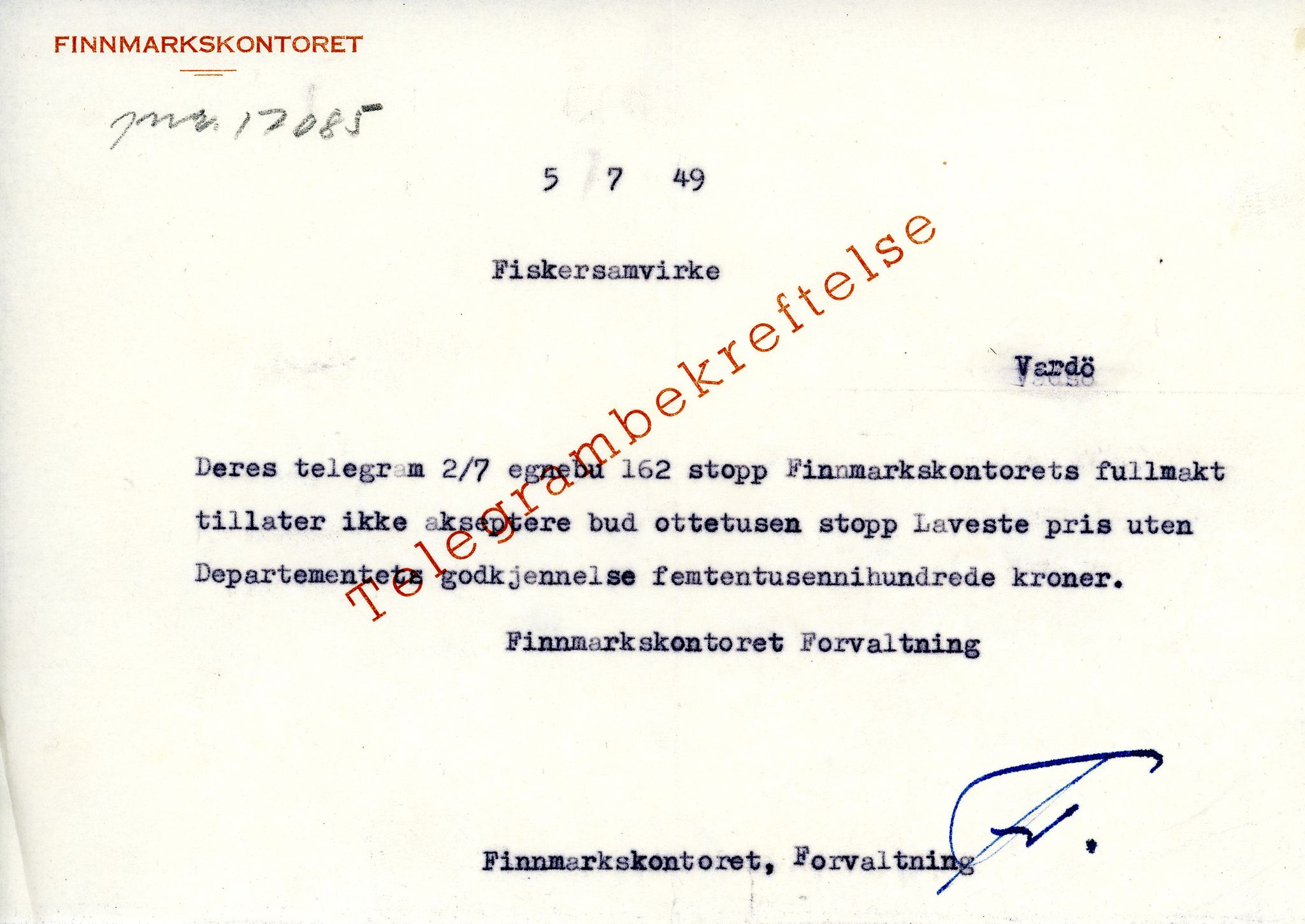 Vardø Fiskersamvirkelag, VAMU/A-0037/D/Da/L0001: Korrespondanse Ab-Eg, 1946-1950