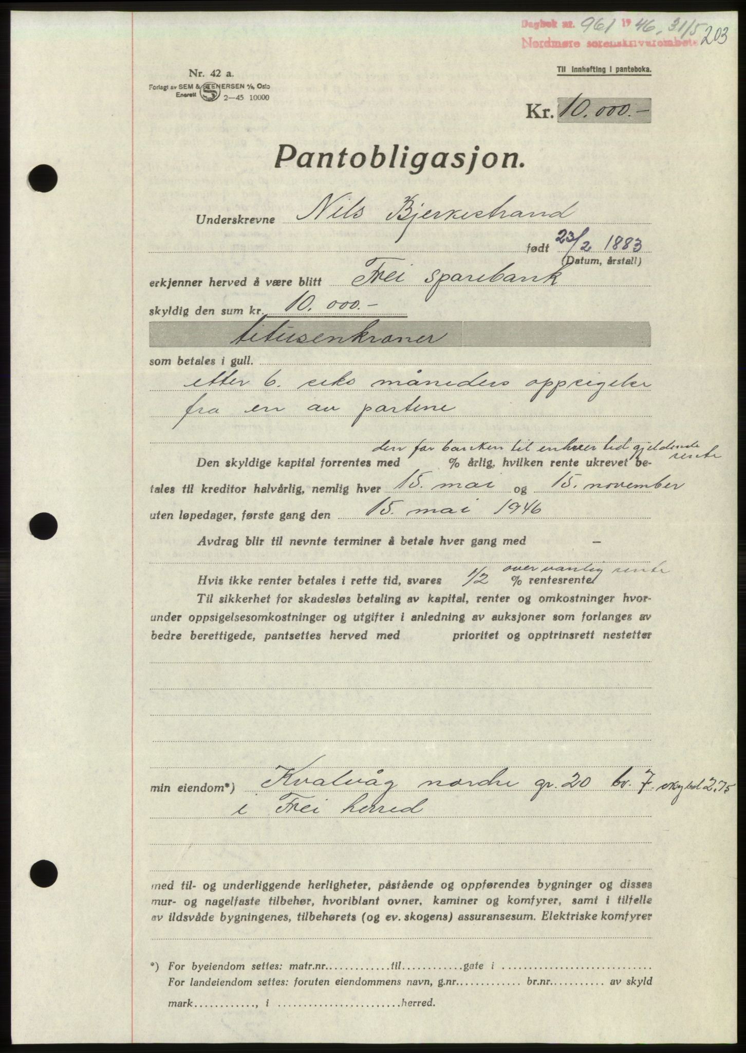 Nordmøre sorenskriveri, AV/SAT-A-4132/1/2/2Ca: Mortgage book no. B94, 1946-1946, Diary no: : 961/1946