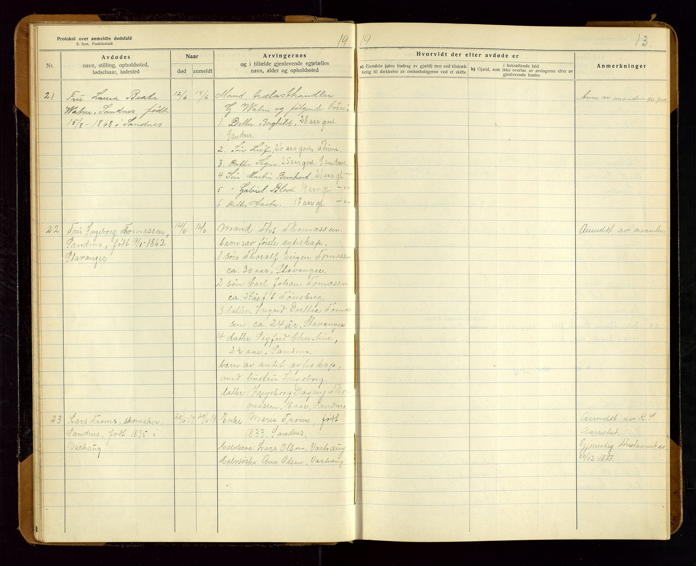 Sandnes lensmannskontor, AV/SAST-A-100167/Gga/L0001: "Protokol over anmeldte dødsfald" m/register, 1918-1940, p. 13