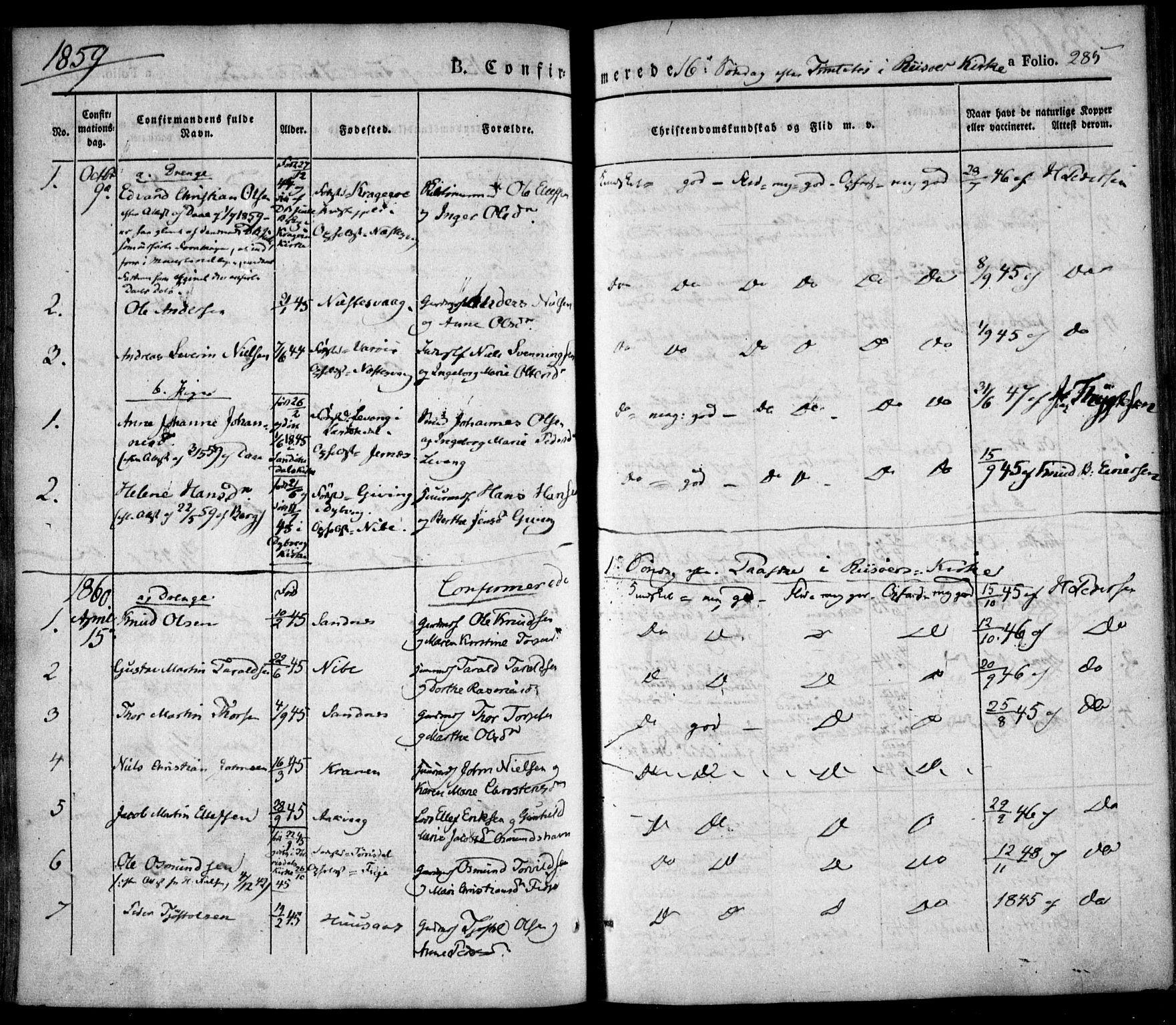 Søndeled sokneprestkontor, SAK/1111-0038/F/Fa/L0002: Parish register (official) no. A 2, 1839-1860, p. 285