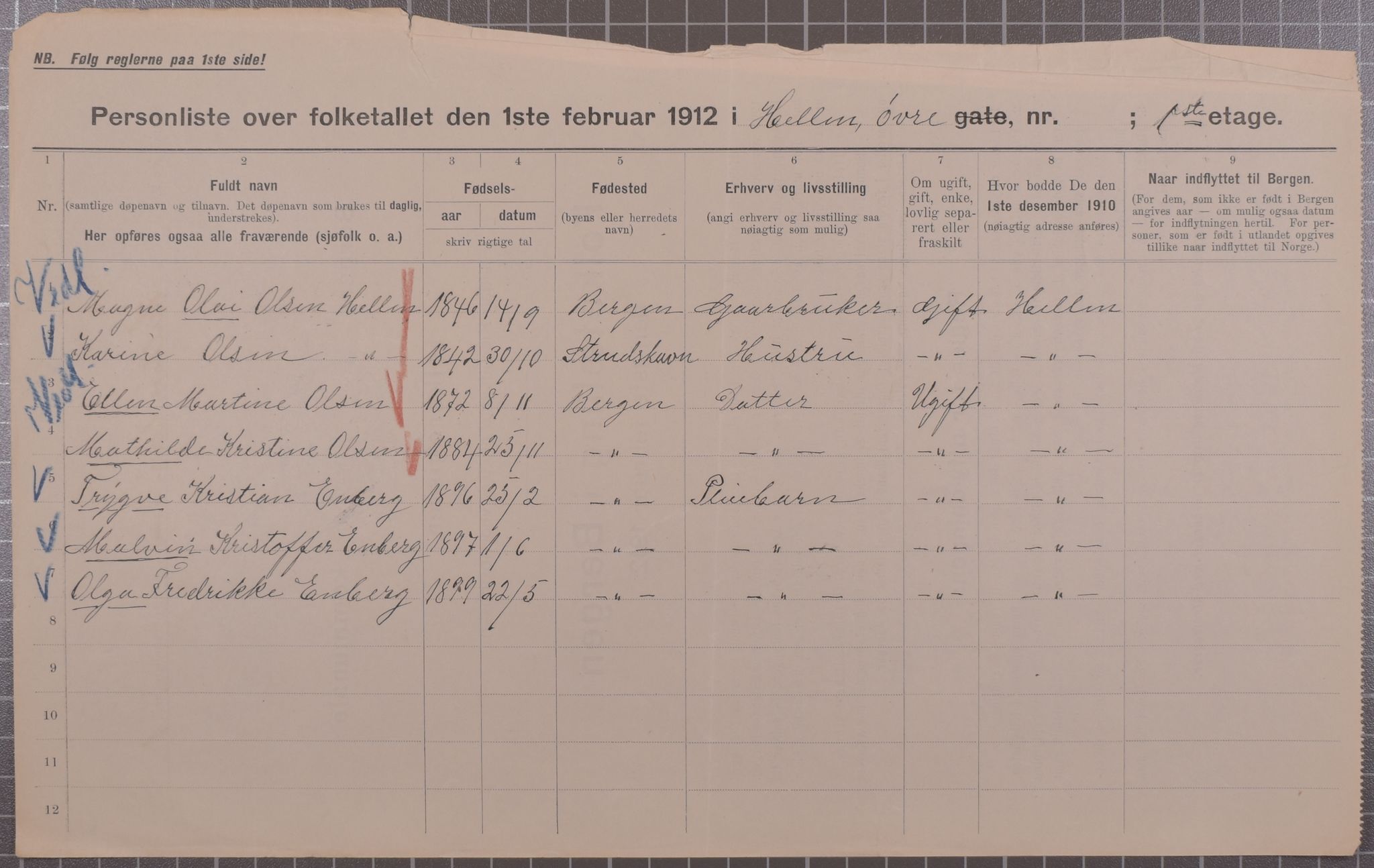 SAB, Municipal Census 1912 for Bergen, 1912, p. 2195