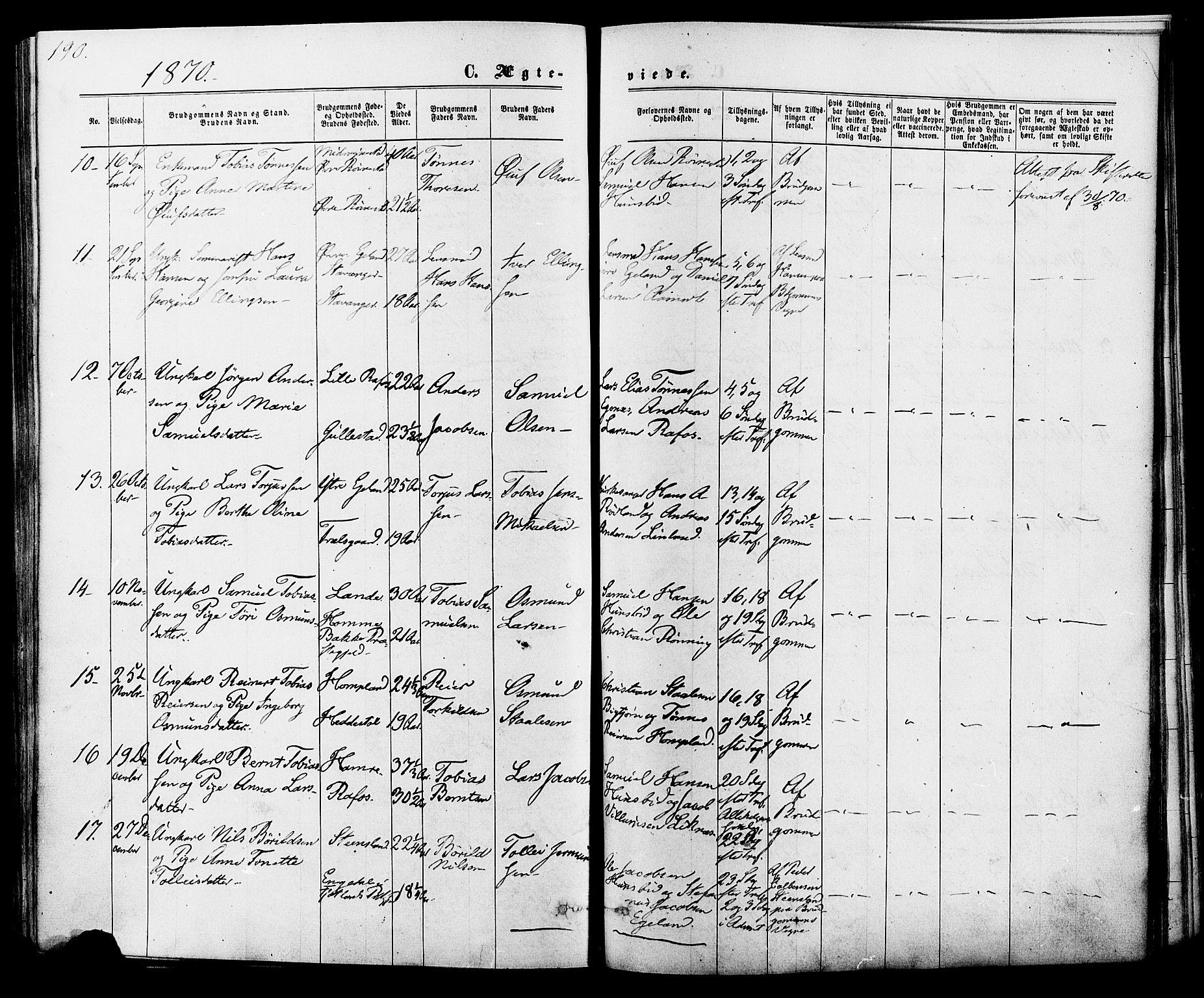 Kvinesdal sokneprestkontor, SAK/1111-0026/F/Fa/Fab/L0007: Parish register (official) no. A 7, 1870-1885, p. 190