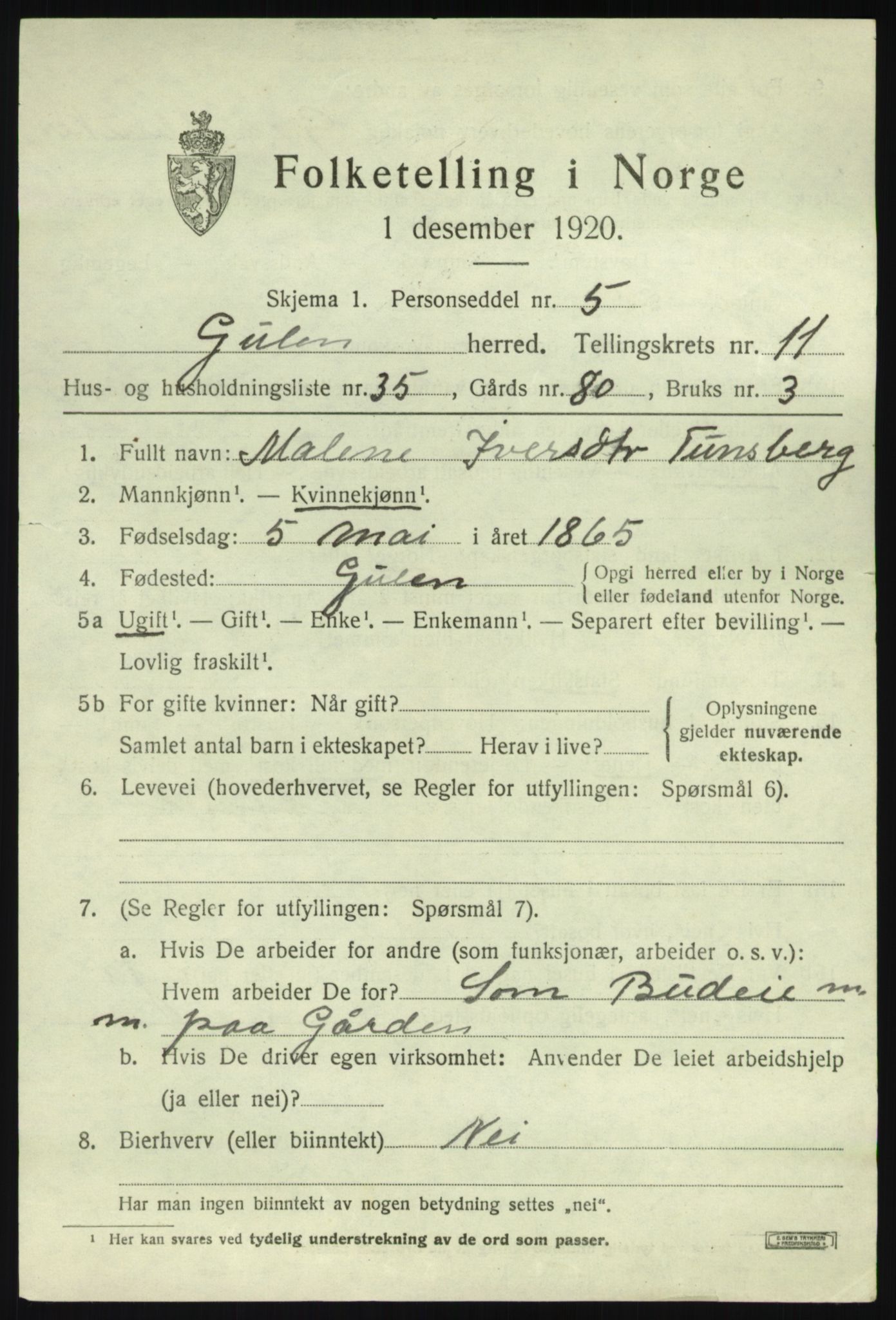 SAB, 1920 census for Gulen, 1920, p. 5399