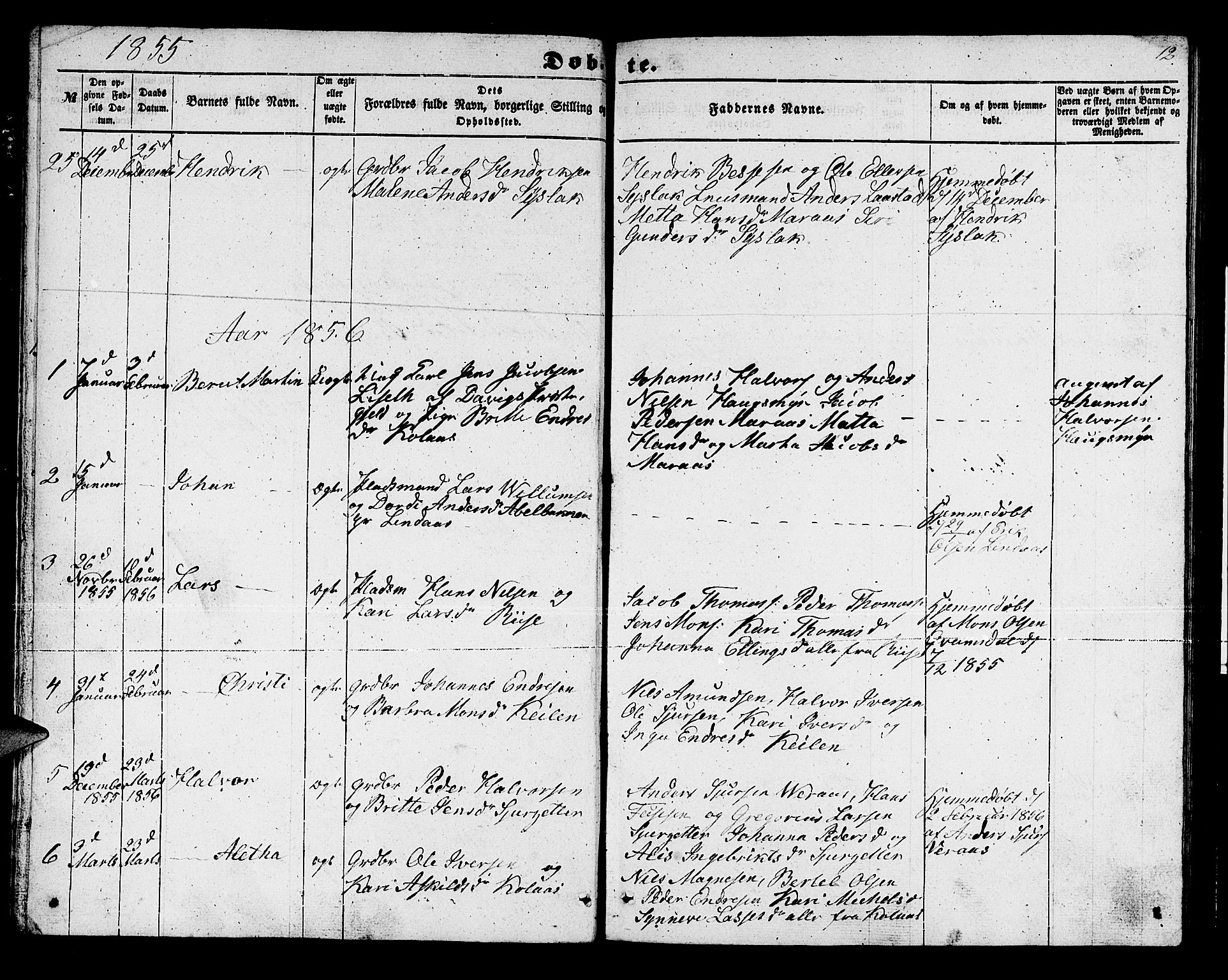 Lindås Sokneprestembete, SAB/A-76701/H/Hab: Parish register (copy) no. B 1, 1853-1866, p. 12