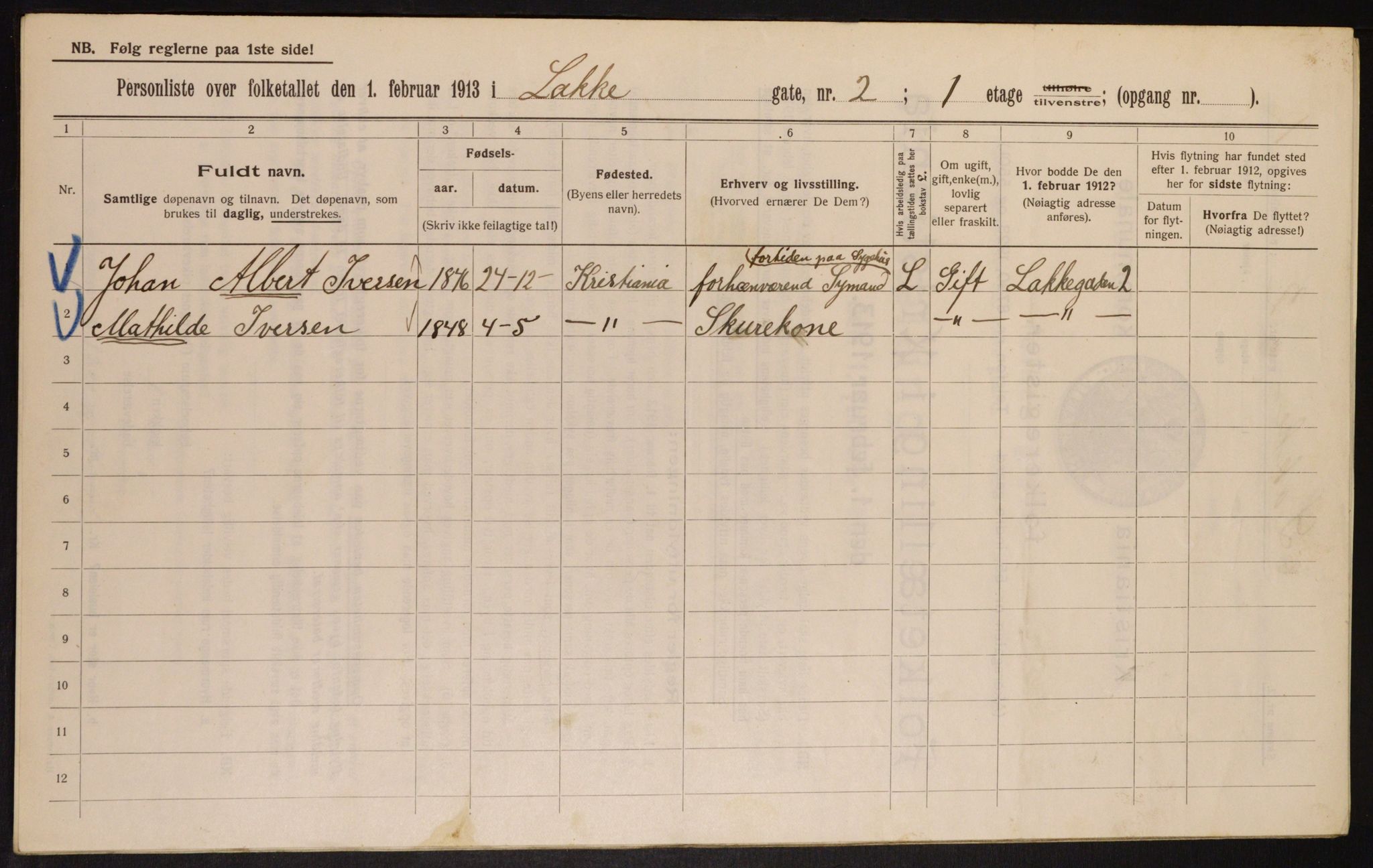 OBA, Municipal Census 1913 for Kristiania, 1913, p. 55030