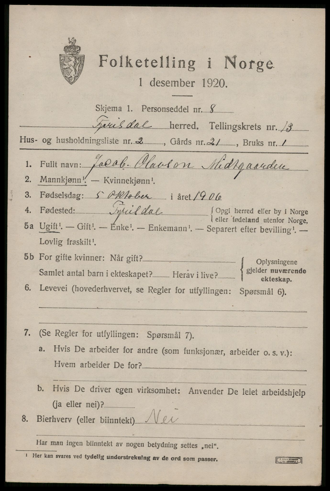 SAKO, 1920 census for Fyresdal, 1920, p. 4287