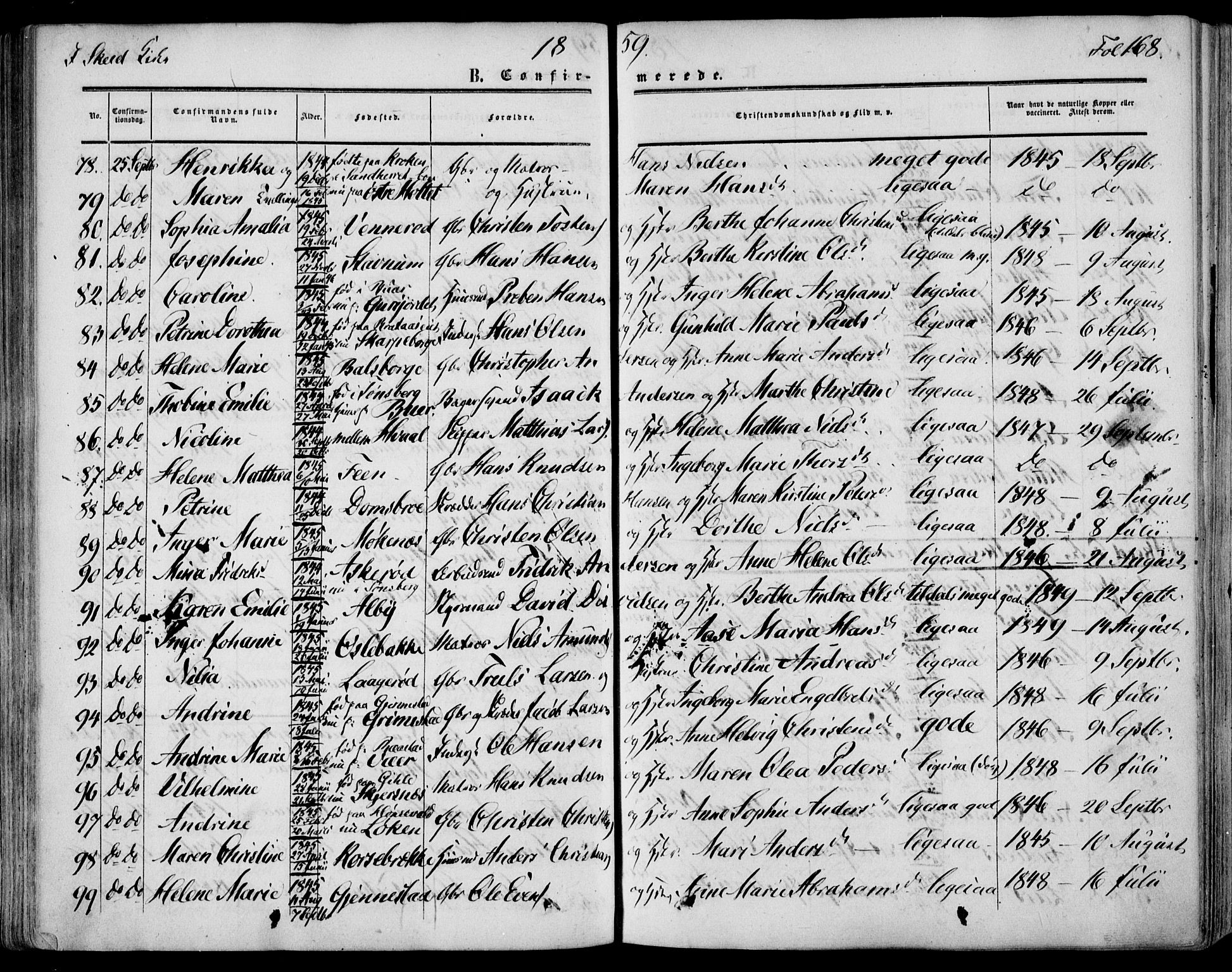 Stokke kirkebøker, SAKO/A-320/F/Fa/L0008: Parish register (official) no. I 8, 1858-1871, p. 168