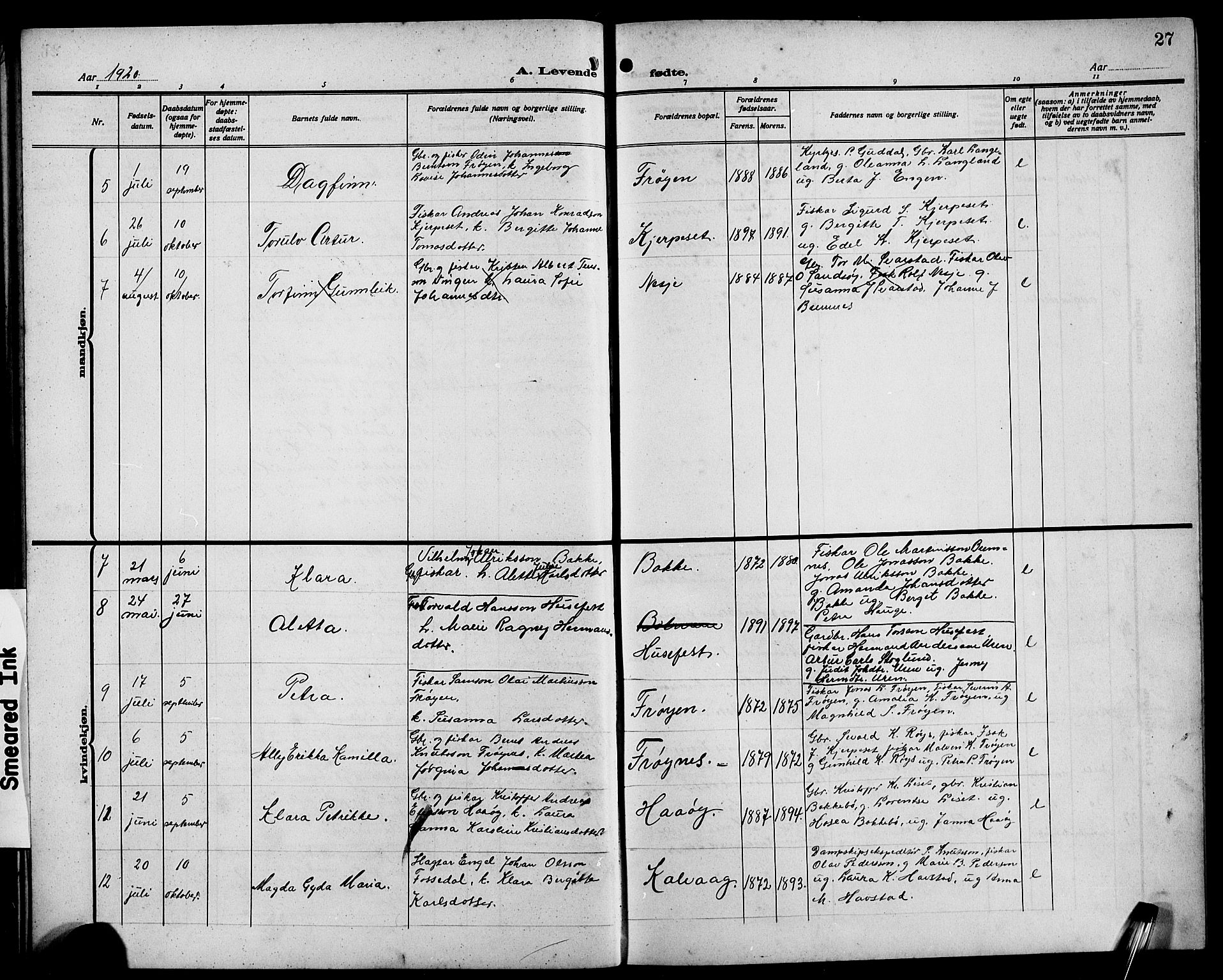 Bremanger sokneprestembete, AV/SAB-A-82201/H/Hab/Habb/L0001: Parish register (copy) no. B 1, 1906-1925, p. 27