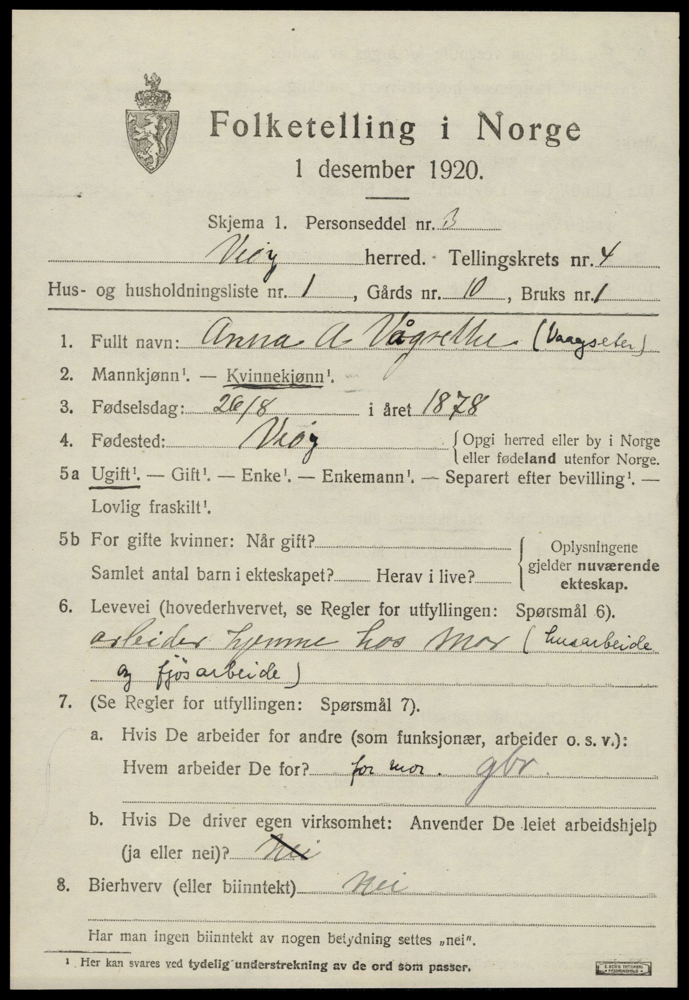 SAT, 1920 census for Veøy, 1920, p. 1675