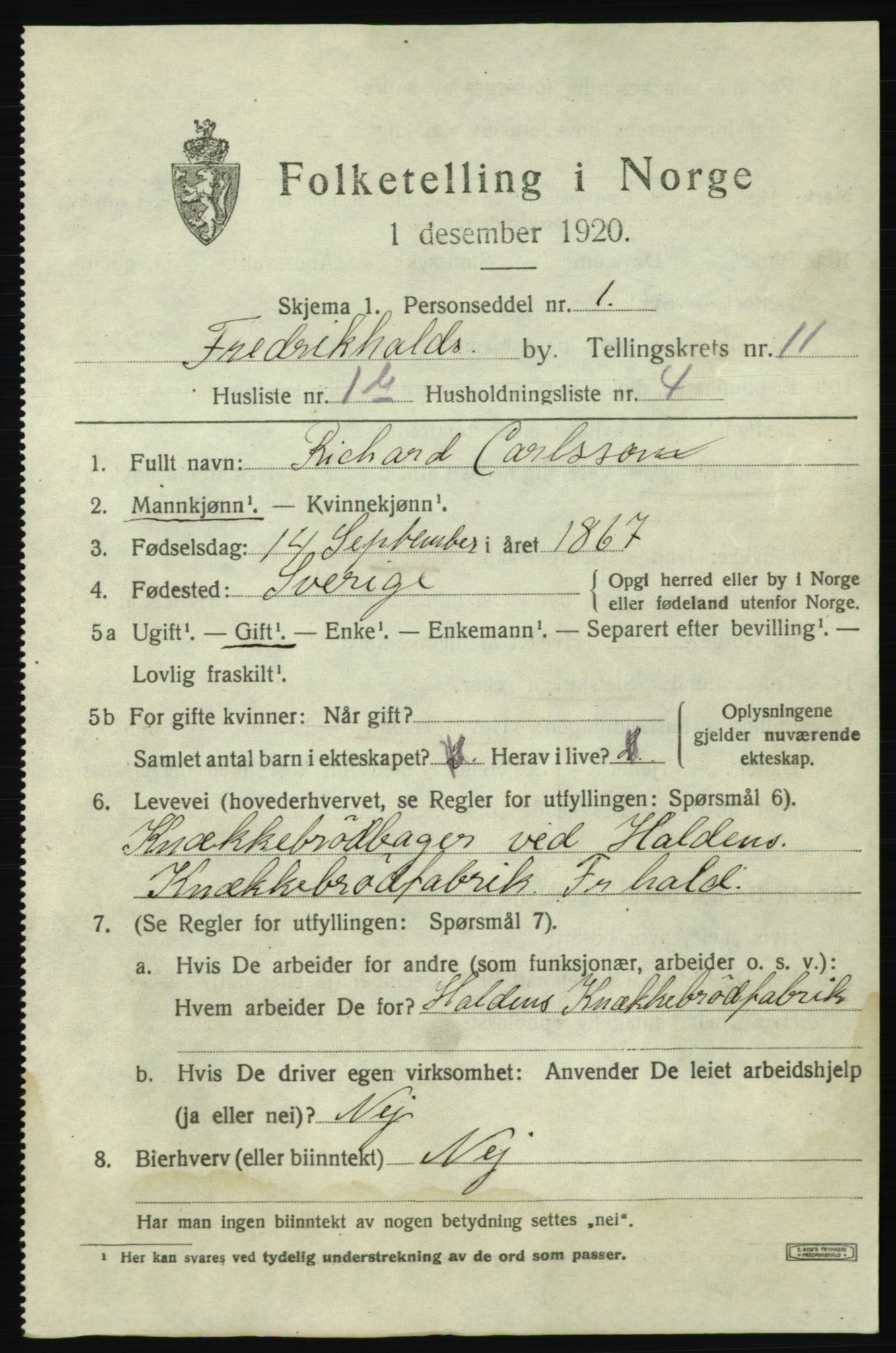 SAO, 1920 census for Fredrikshald, 1920, p. 18847