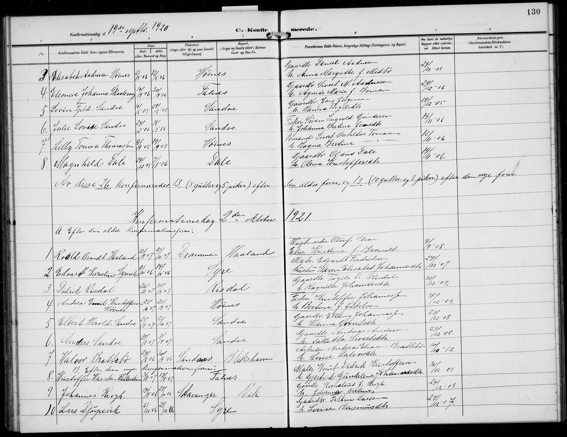 Skudenes sokneprestkontor, SAST/A -101849/H/Ha/Hab/L0009: Parish register (copy) no. B 9, 1908-1936, p. 130