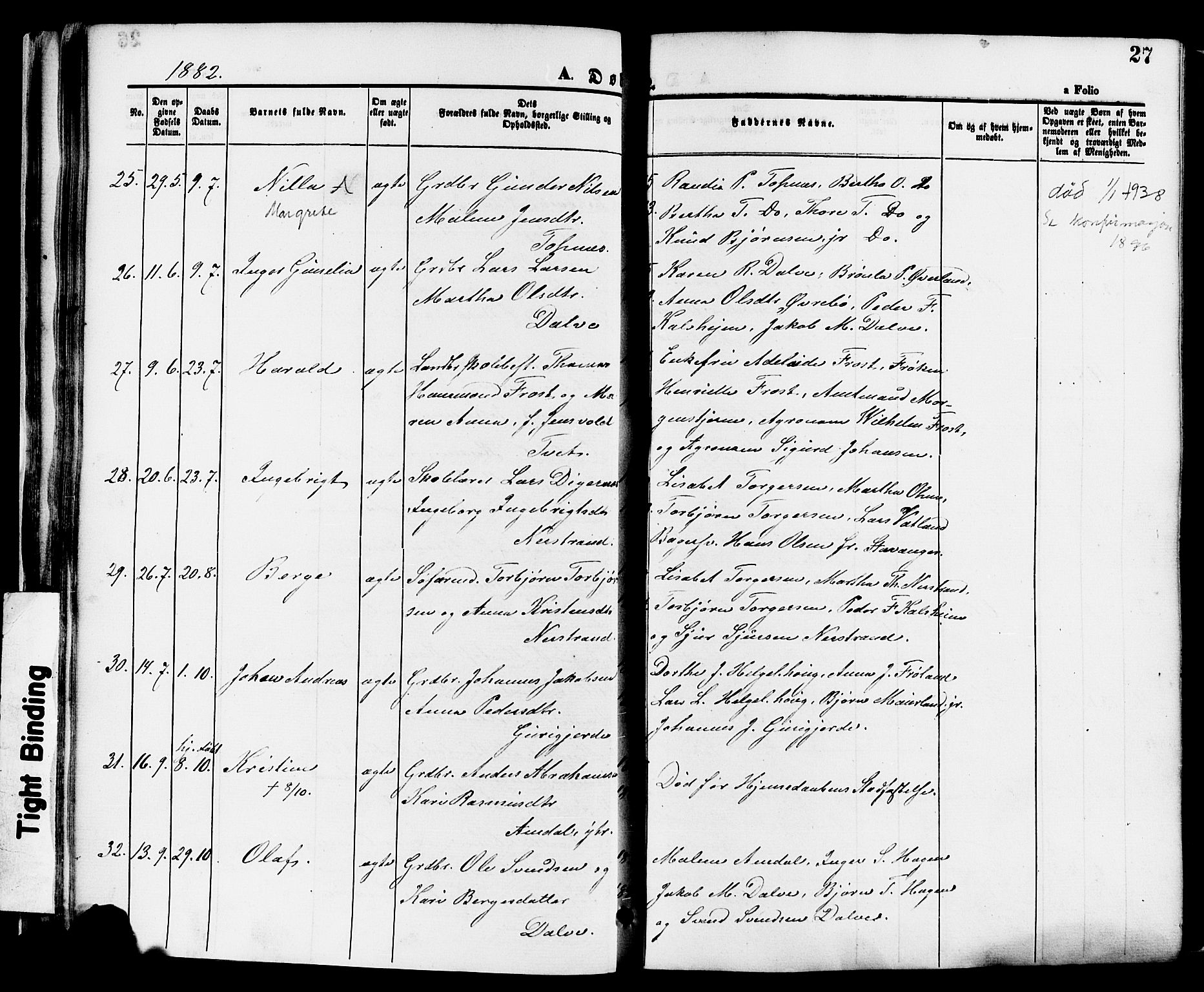 Nedstrand sokneprestkontor, SAST/A-101841/01/IV: Parish register (official) no. A 11, 1877-1887, p. 27