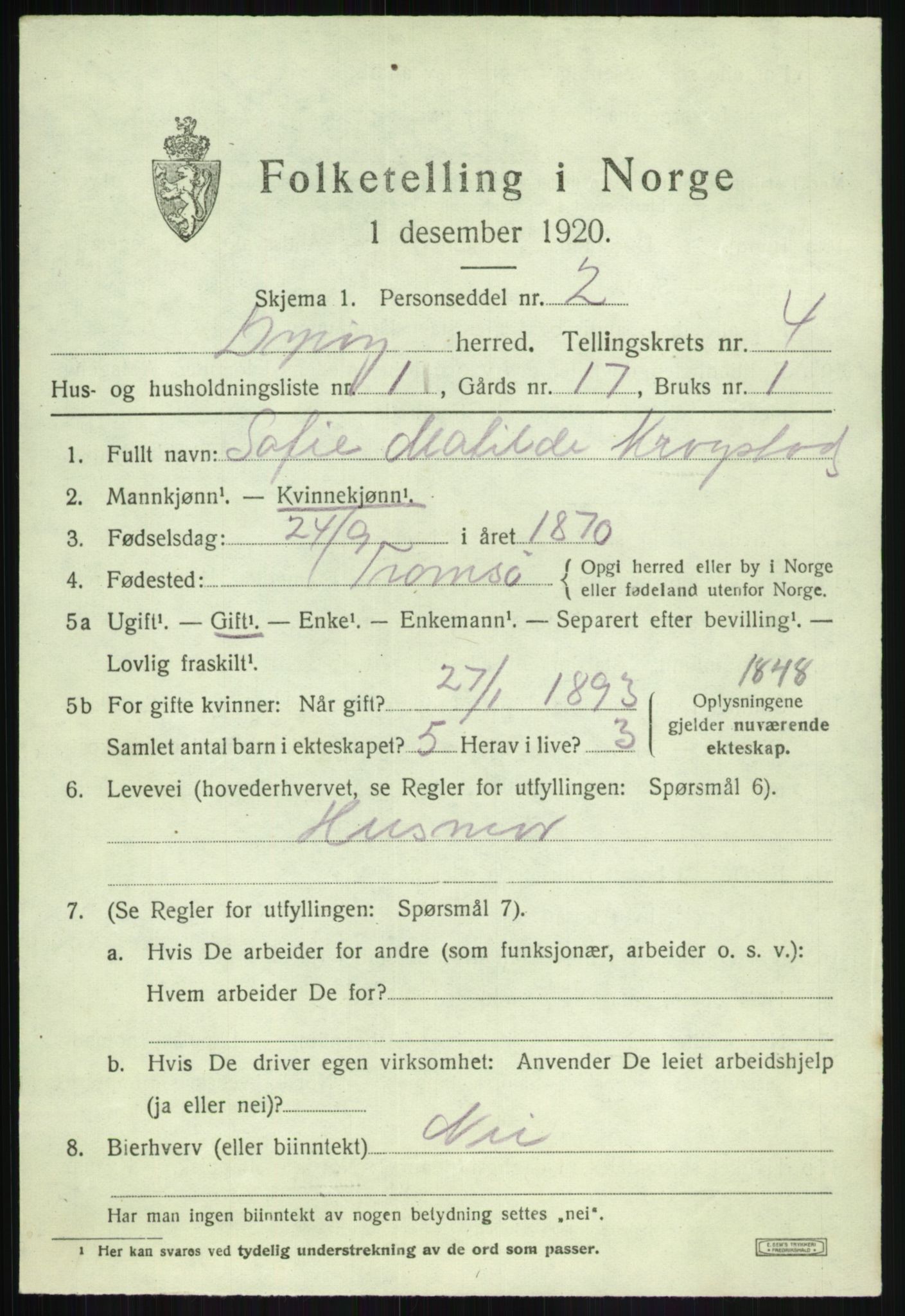 SATØ, 1920 census for Dyrøy, 1920, p. 2187