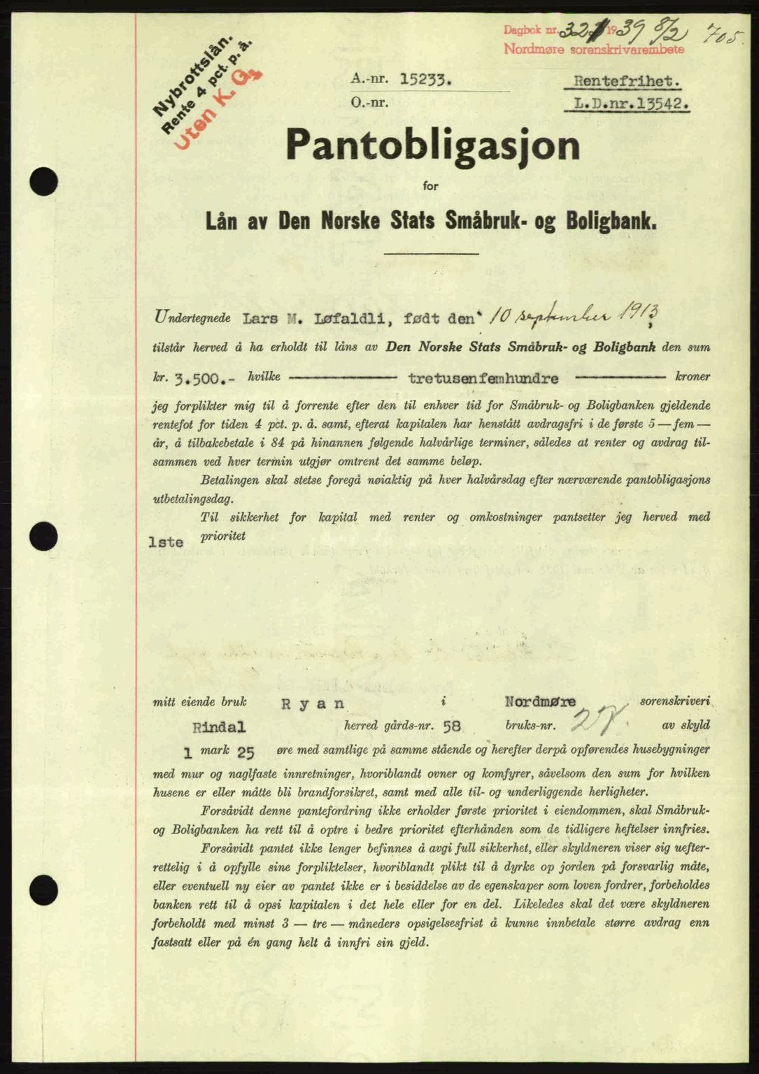 Nordmøre sorenskriveri, SAT/A-4132/1/2/2Ca: Mortgage book no. B84, 1938-1939, Diary no: : 321/1939