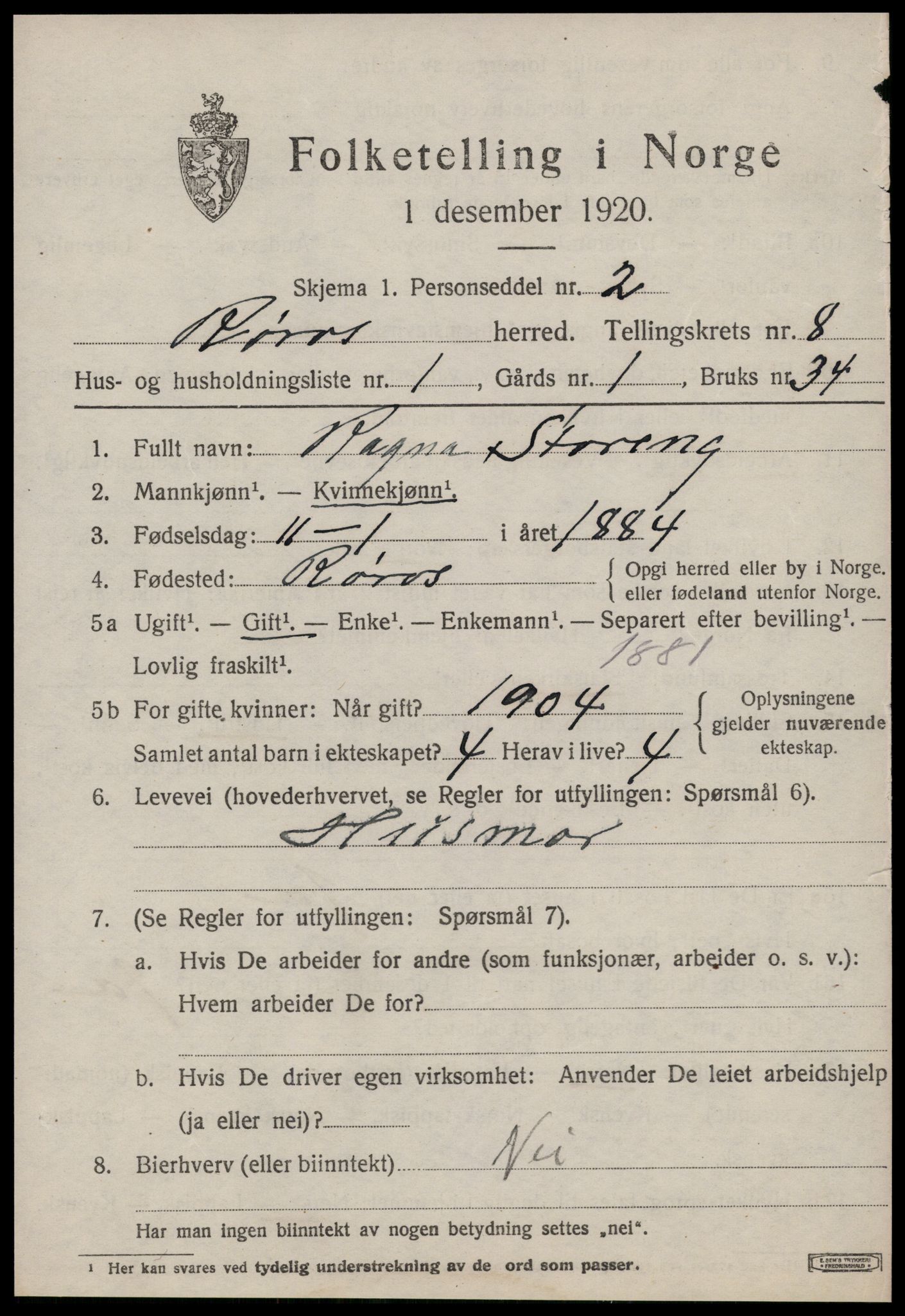 SAT, 1920 census for Røros, 1920, p. 7358