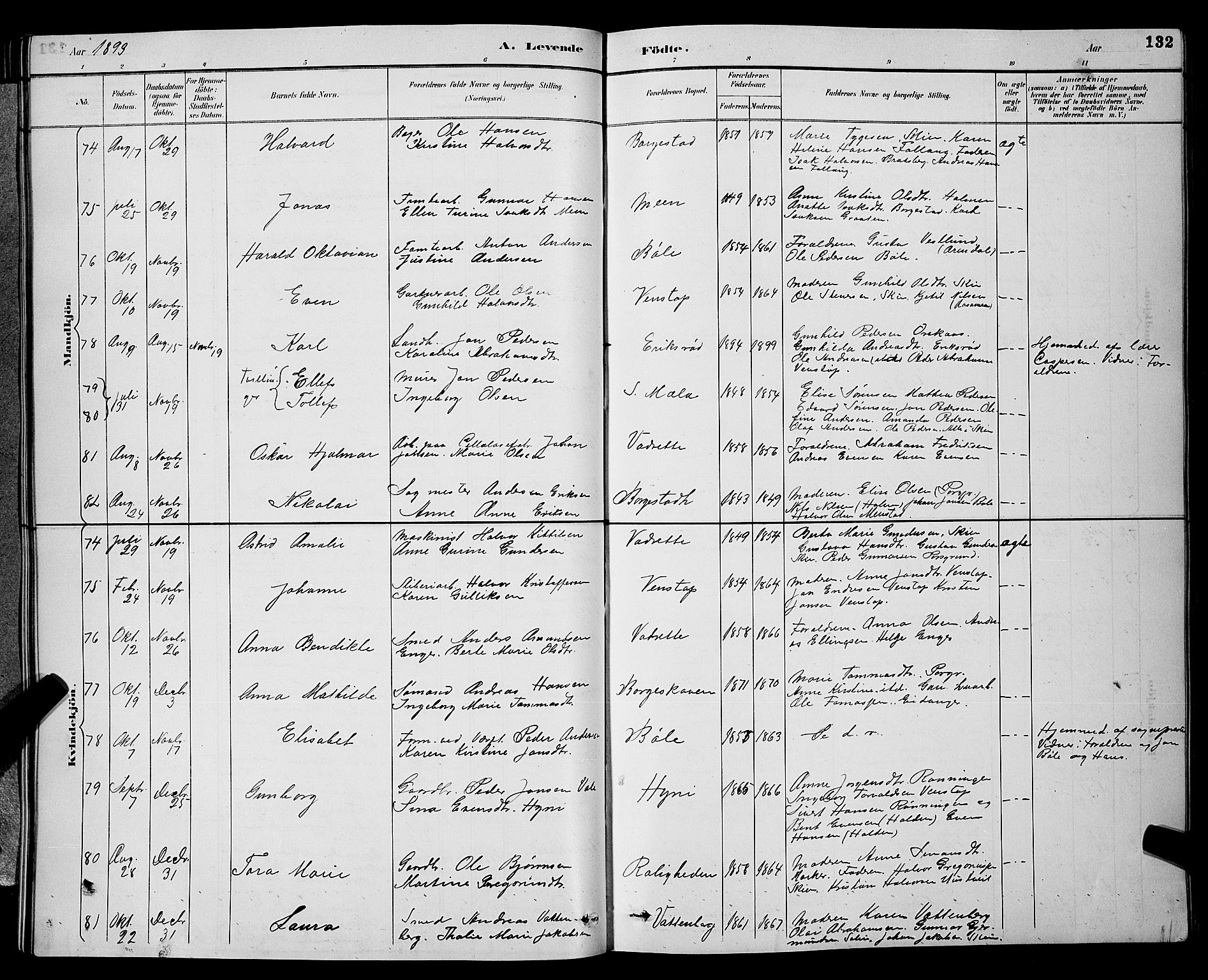 Gjerpen kirkebøker, SAKO/A-265/G/Ga/L0002: Parish register (copy) no. I 2, 1883-1900, p. 132