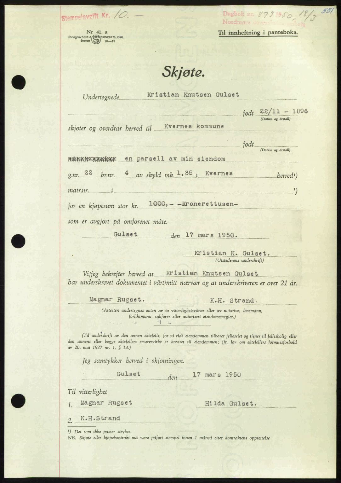 Nordmøre sorenskriveri, AV/SAT-A-4132/1/2/2Ca: Mortgage book no. A114, 1950-1950, Diary no: : 893/1950