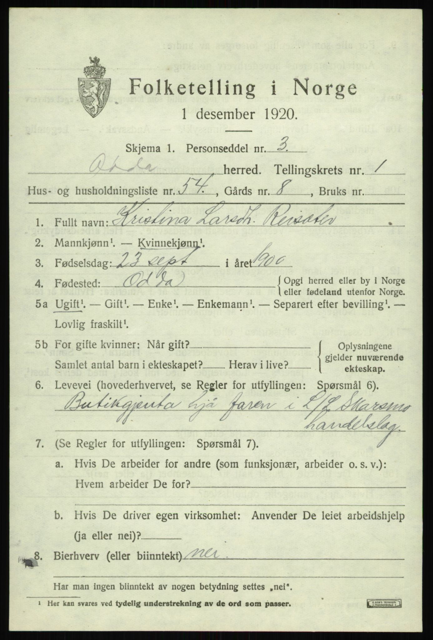 SAB, 1920 census for Odda, 1920, p. 1763