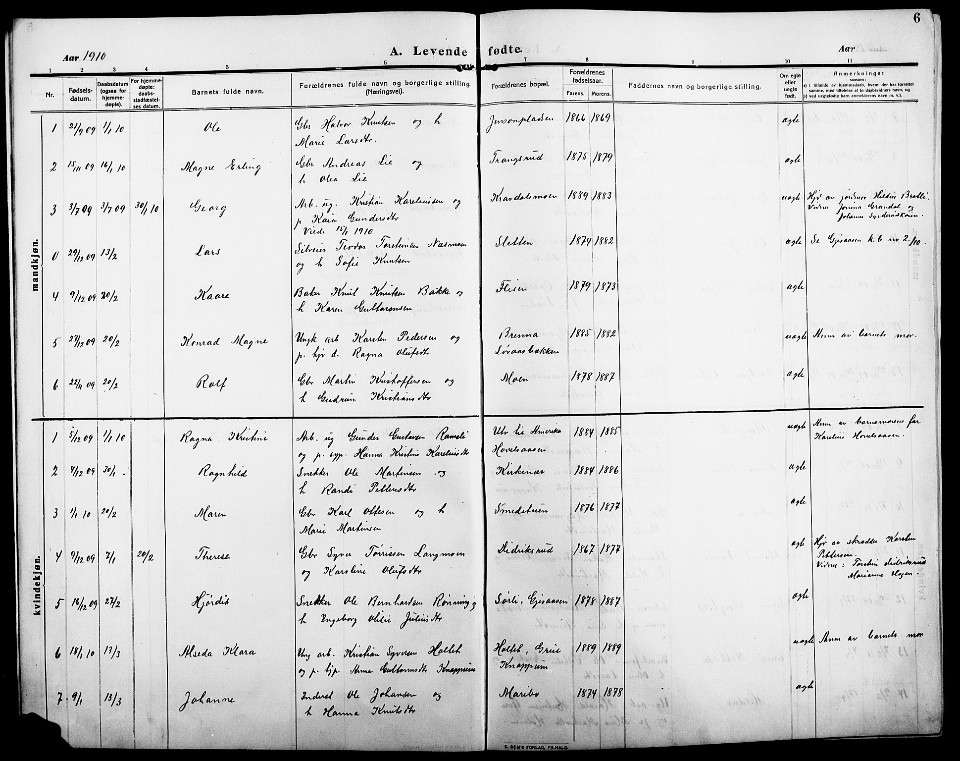 Åsnes prestekontor, AV/SAH-PREST-042/H/Ha/Hab/L0007: Parish register (copy) no. 7, 1909-1926, p. 6