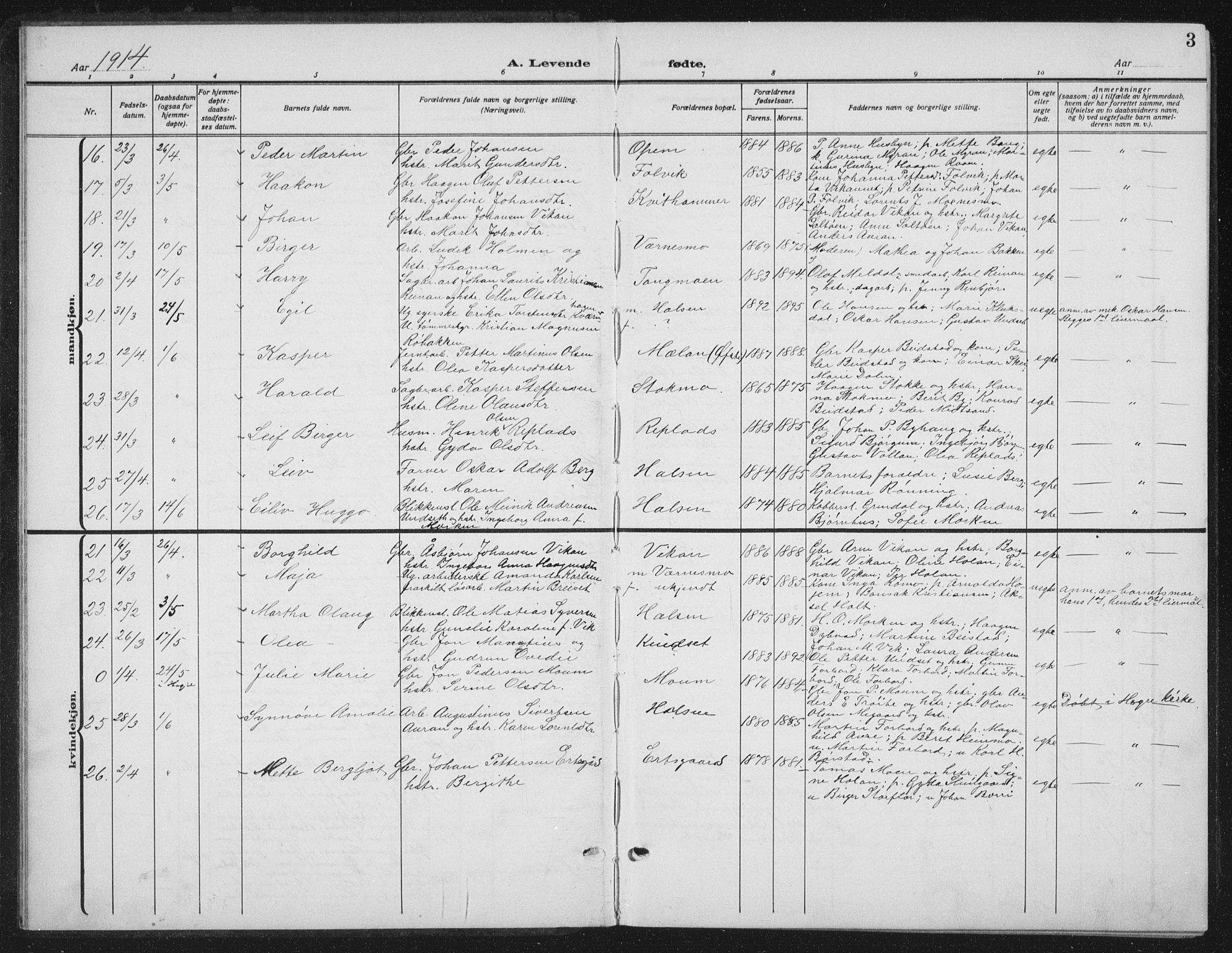 Ministerialprotokoller, klokkerbøker og fødselsregistre - Nord-Trøndelag, SAT/A-1458/709/L0088: Parish register (copy) no. 709C02, 1914-1934, p. 3