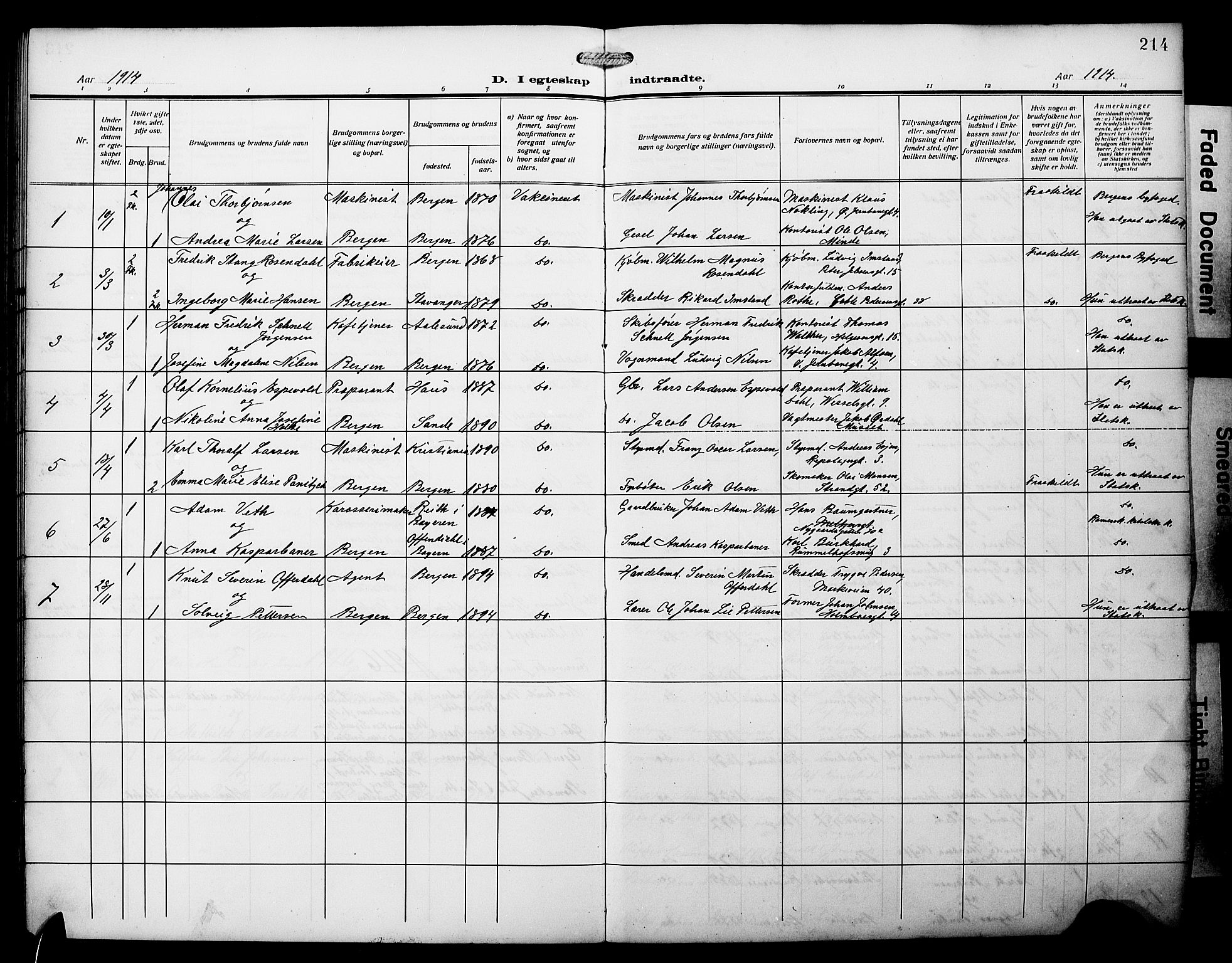 Johanneskirken sokneprestembete, AV/SAB-A-76001/H/Hab: Parish register (copy) no. C 2, 1912-1929, p. 214