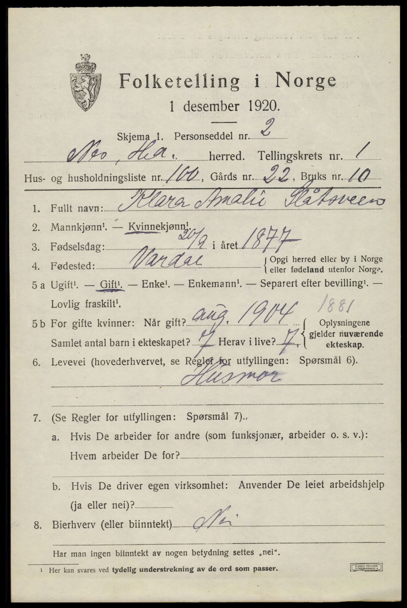SAH, 1920 census for Nes (Hedmark), 1920, p. 2660