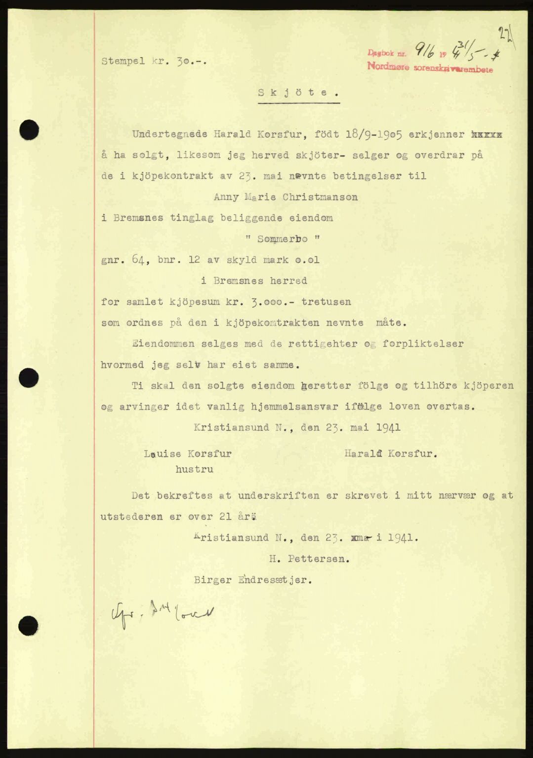 Nordmøre sorenskriveri, SAT/A-4132/1/2/2Ca: Mortgage book no. A90, 1941-1941, Diary no: : 916/1941