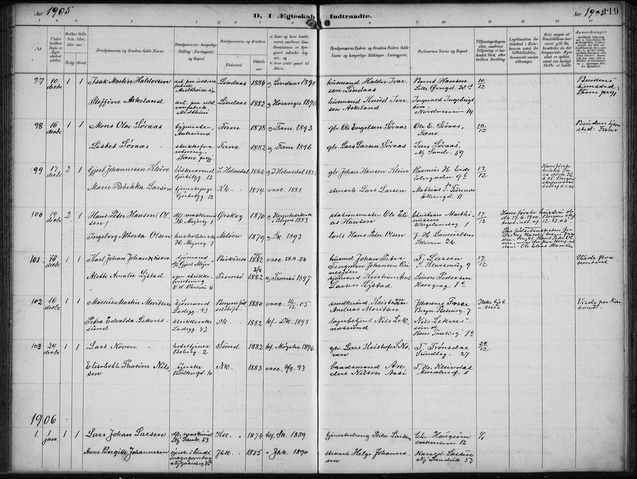 Sandviken Sokneprestembete, AV/SAB-A-77601/H/Ha/L0014: Parish register (official) no. D 1, 1896-1911, p. 119