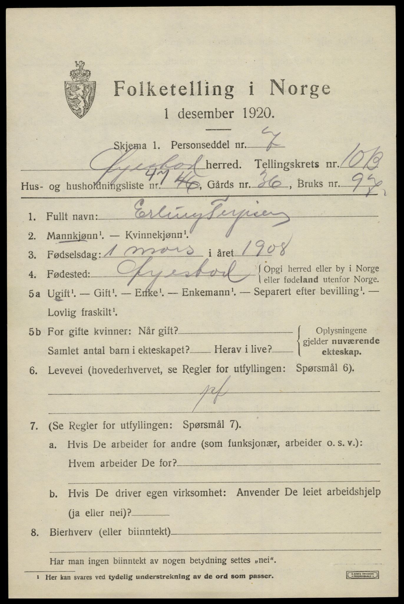 SAK, 1920 census for Øyestad, 1920, p. 6932