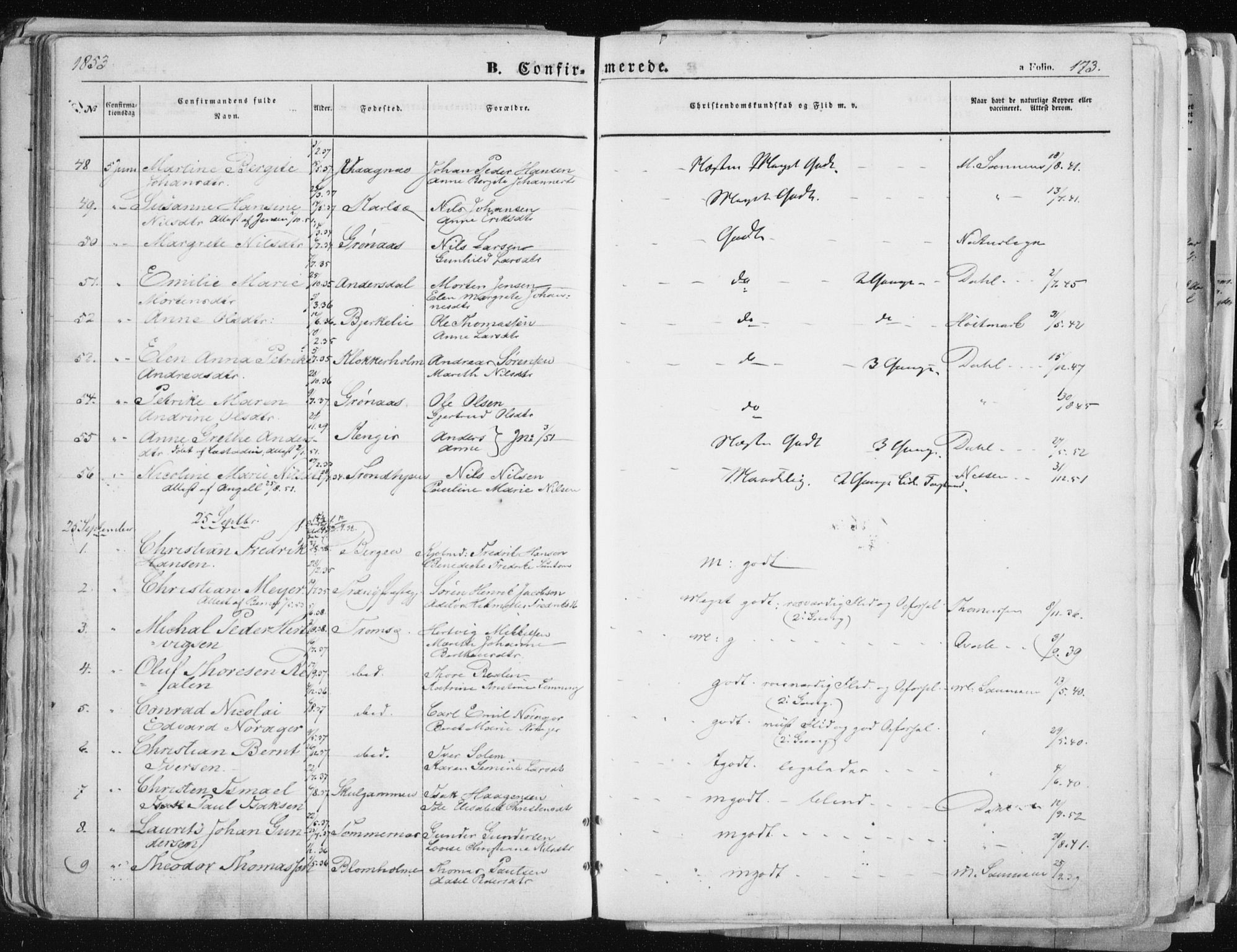 Tromsø sokneprestkontor/stiftsprosti/domprosti, SATØ/S-1343/G/Ga/L0010kirke: Parish register (official) no. 10, 1848-1855, p. 173