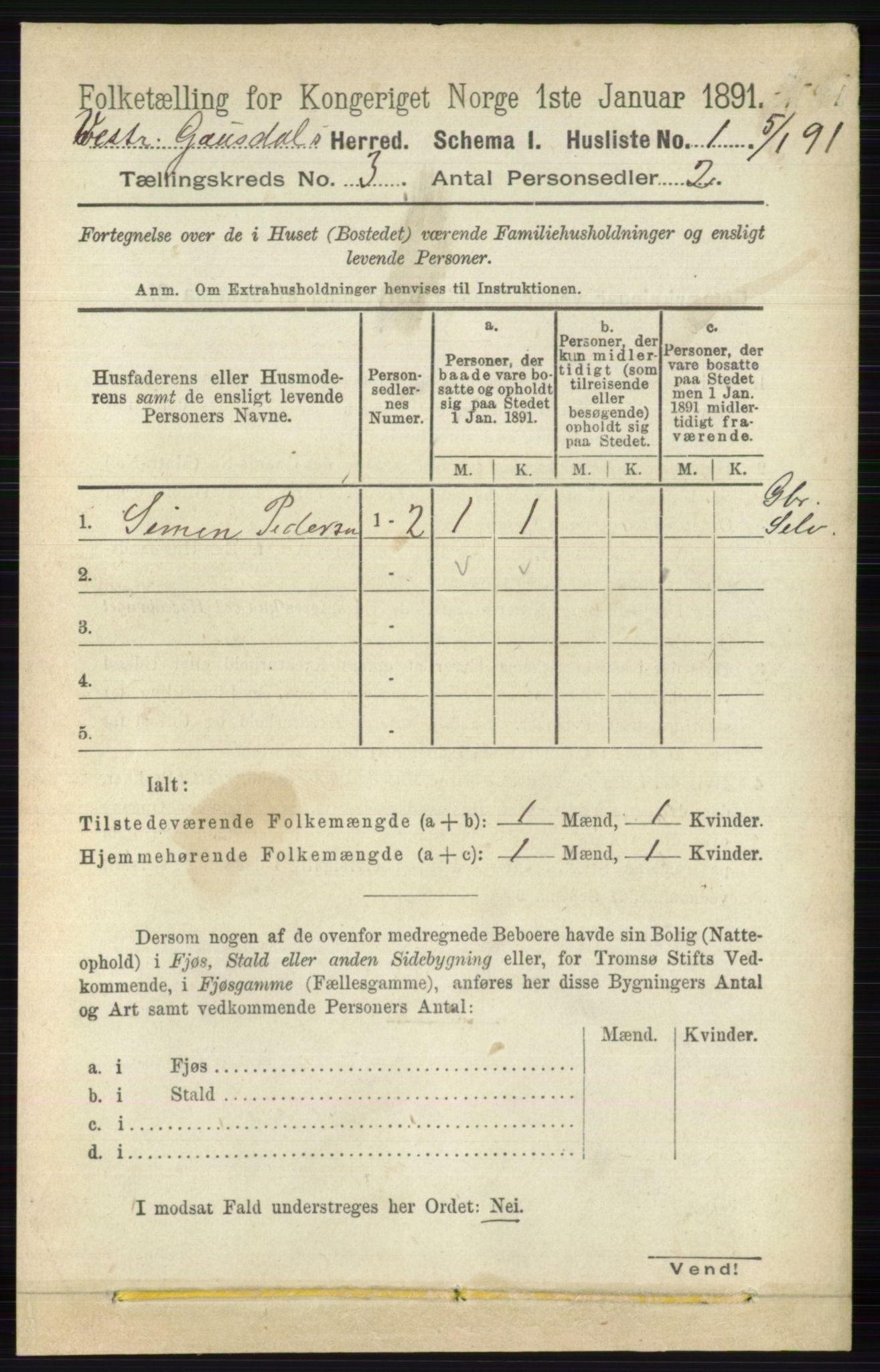 RA, 1891 census for 0523 Vestre Gausdal, 1891, p. 1195