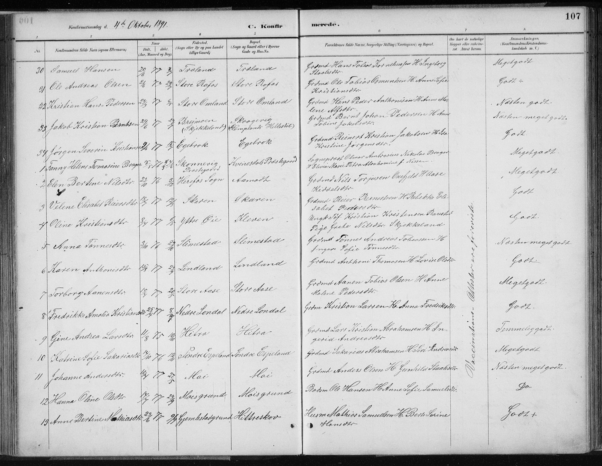 Kvinesdal sokneprestkontor, AV/SAK-1111-0026/F/Fa/Fab/L0008: Parish register (official) no. A 8, 1886-1897, p. 107