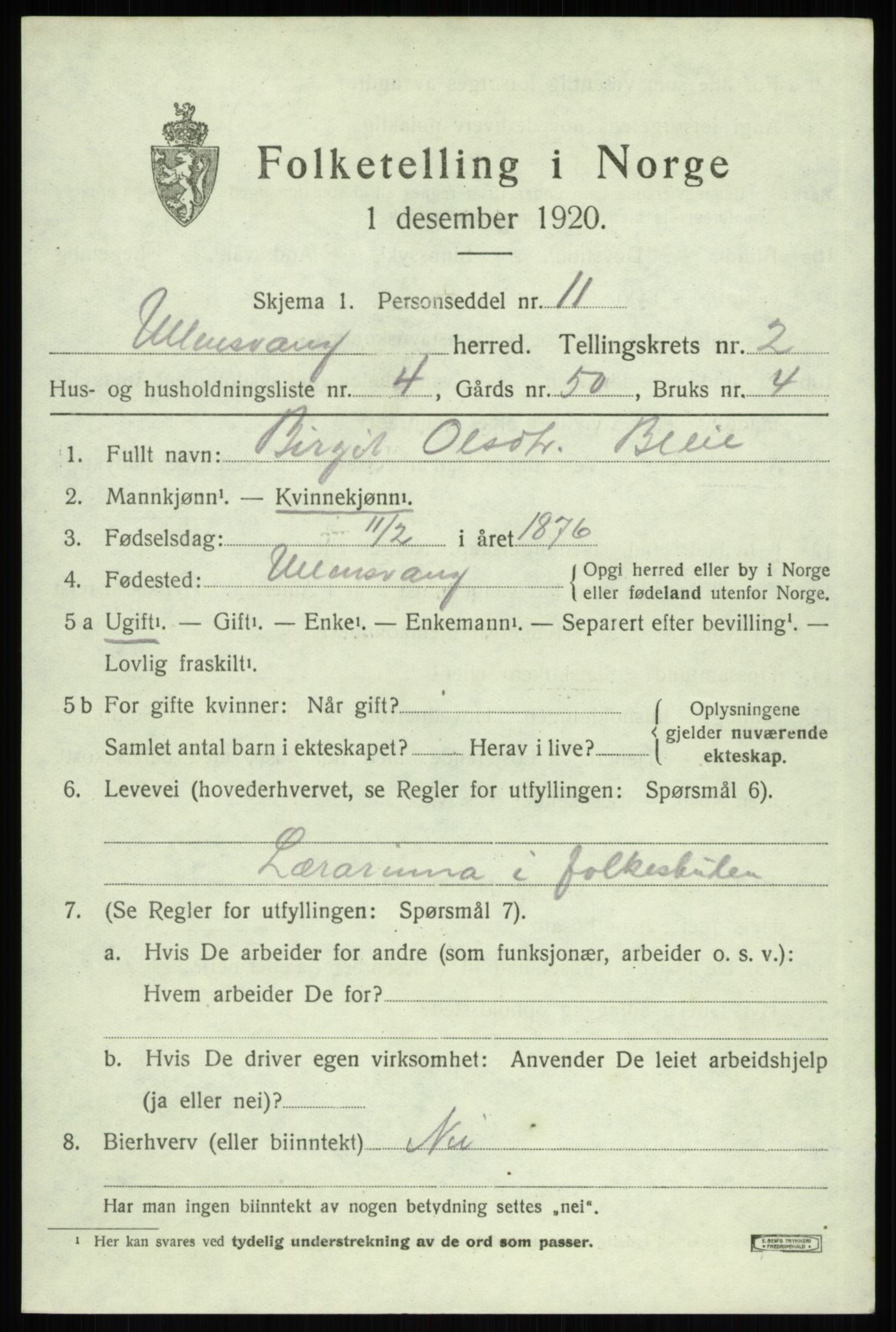 SAB, 1920 census for Ullensvang, 1920, p. 976