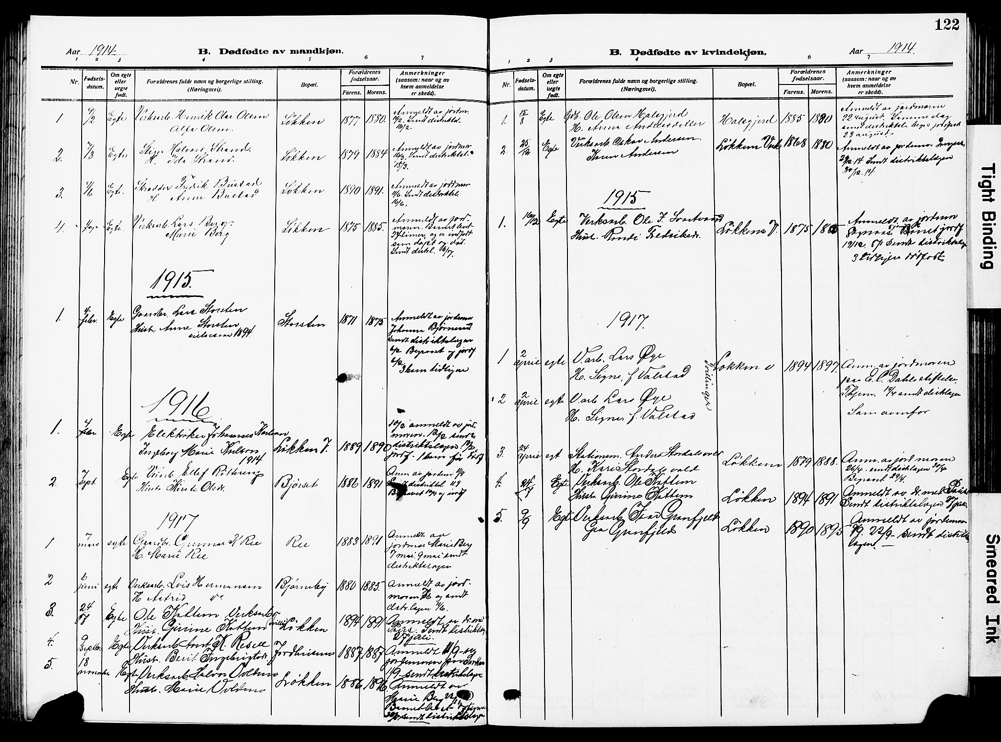Ministerialprotokoller, klokkerbøker og fødselsregistre - Sør-Trøndelag, SAT/A-1456/672/L0865: Parish register (copy) no. 672C04, 1914-1928, p. 122