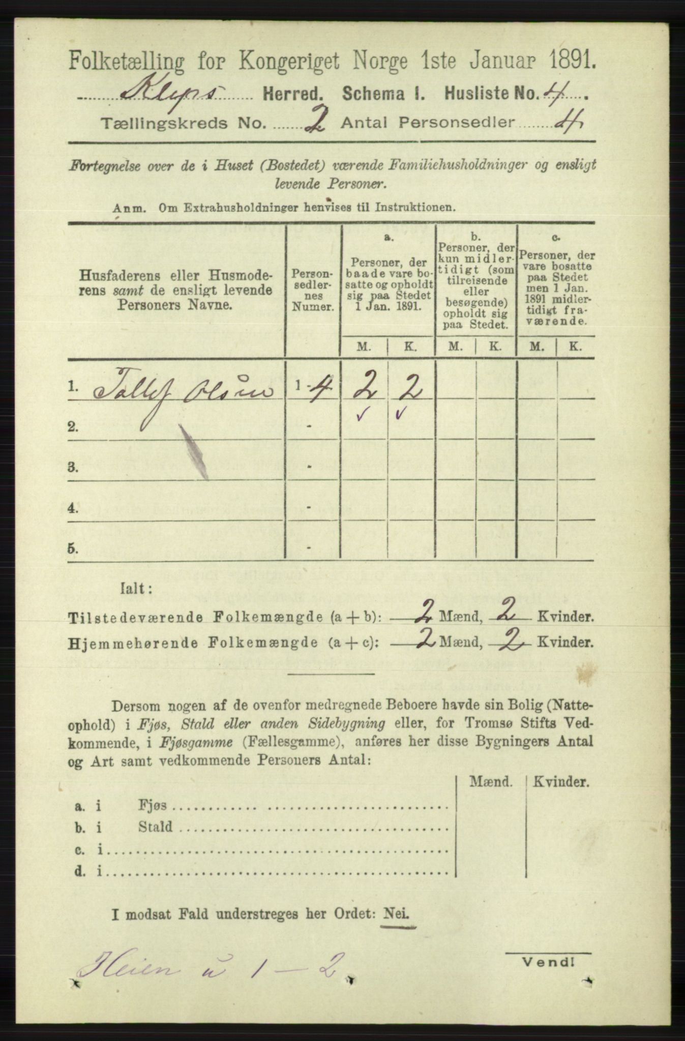 RA, 1891 census for 1120 Klepp, 1891, p. 312