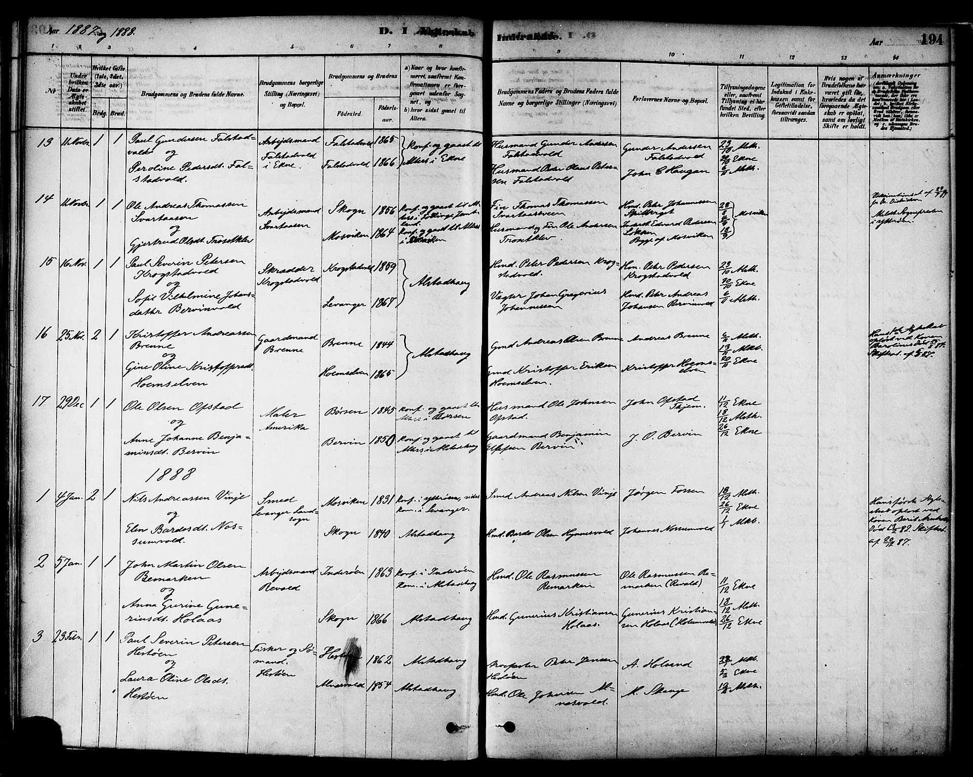 Ministerialprotokoller, klokkerbøker og fødselsregistre - Nord-Trøndelag, SAT/A-1458/717/L0159: Parish register (official) no. 717A09, 1878-1898, p. 194