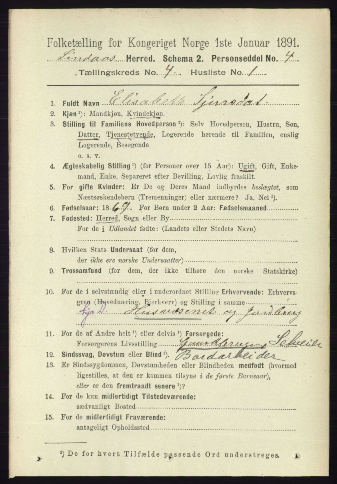 RA, 1891 census for 1263 Lindås, 1891, p. 1130