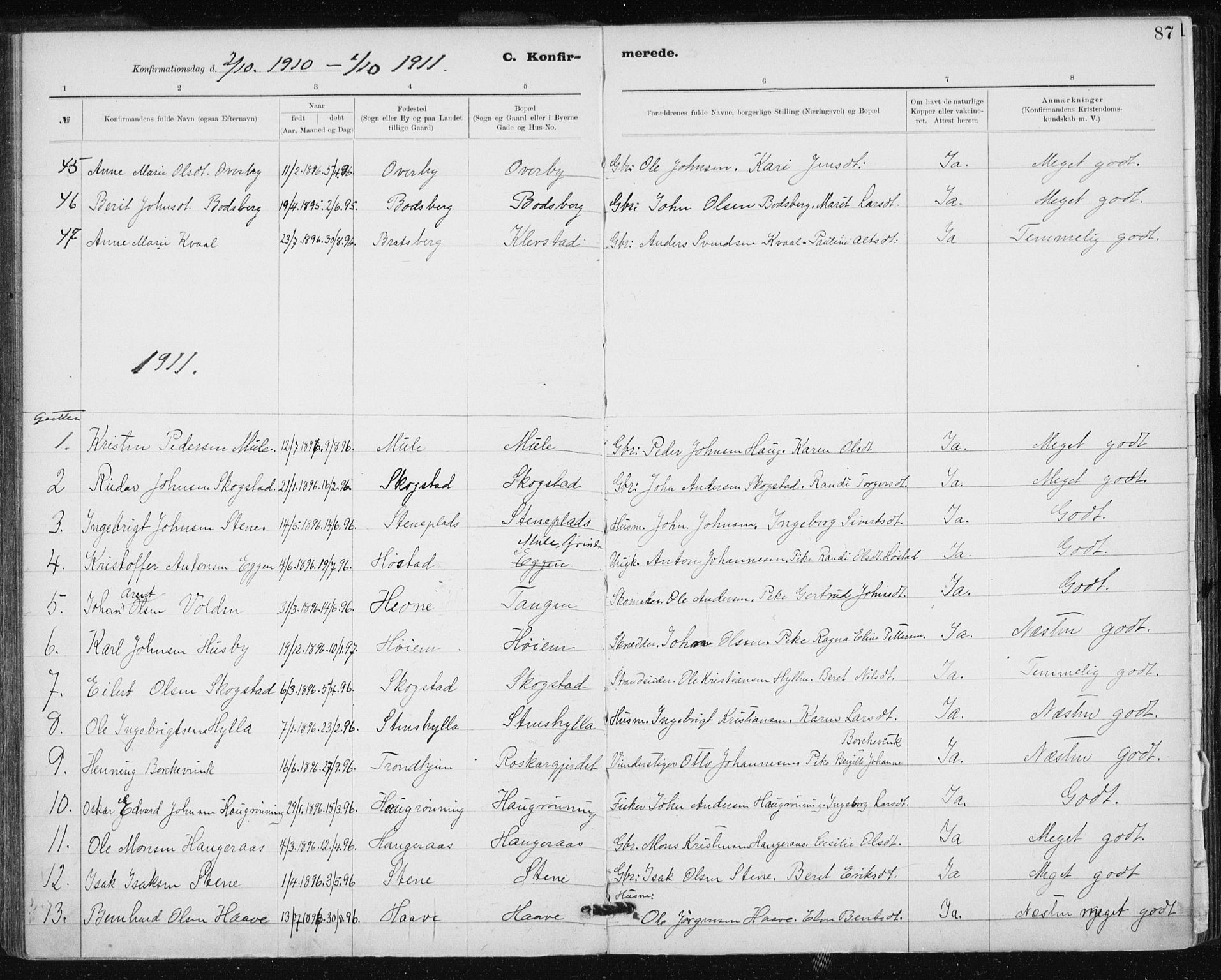 Ministerialprotokoller, klokkerbøker og fødselsregistre - Sør-Trøndelag, AV/SAT-A-1456/612/L0381: Parish register (official) no. 612A13, 1907-1923, p. 87