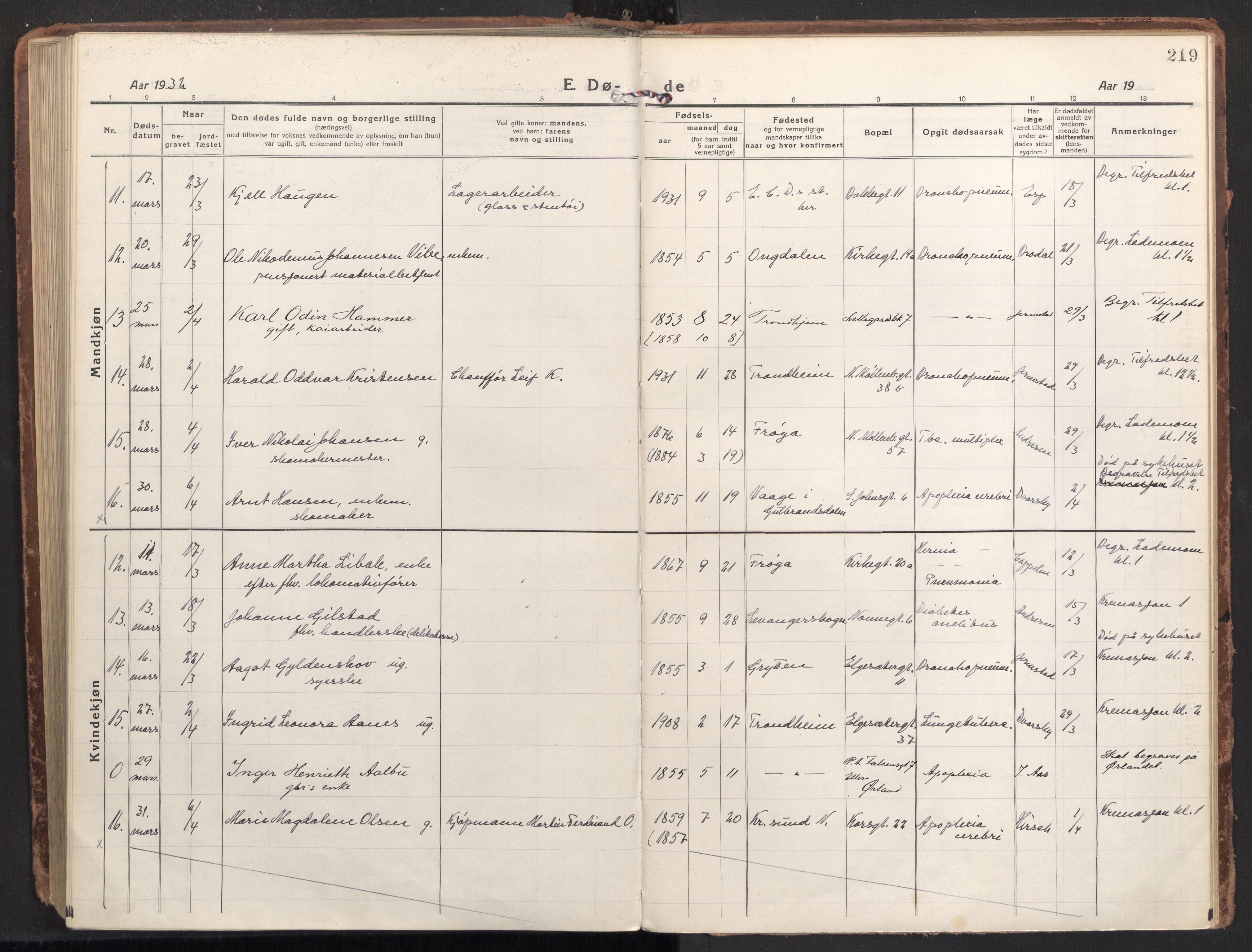 Ministerialprotokoller, klokkerbøker og fødselsregistre - Sør-Trøndelag, AV/SAT-A-1456/604/L0207: Parish register (official) no. 604A27, 1917-1933, p. 219