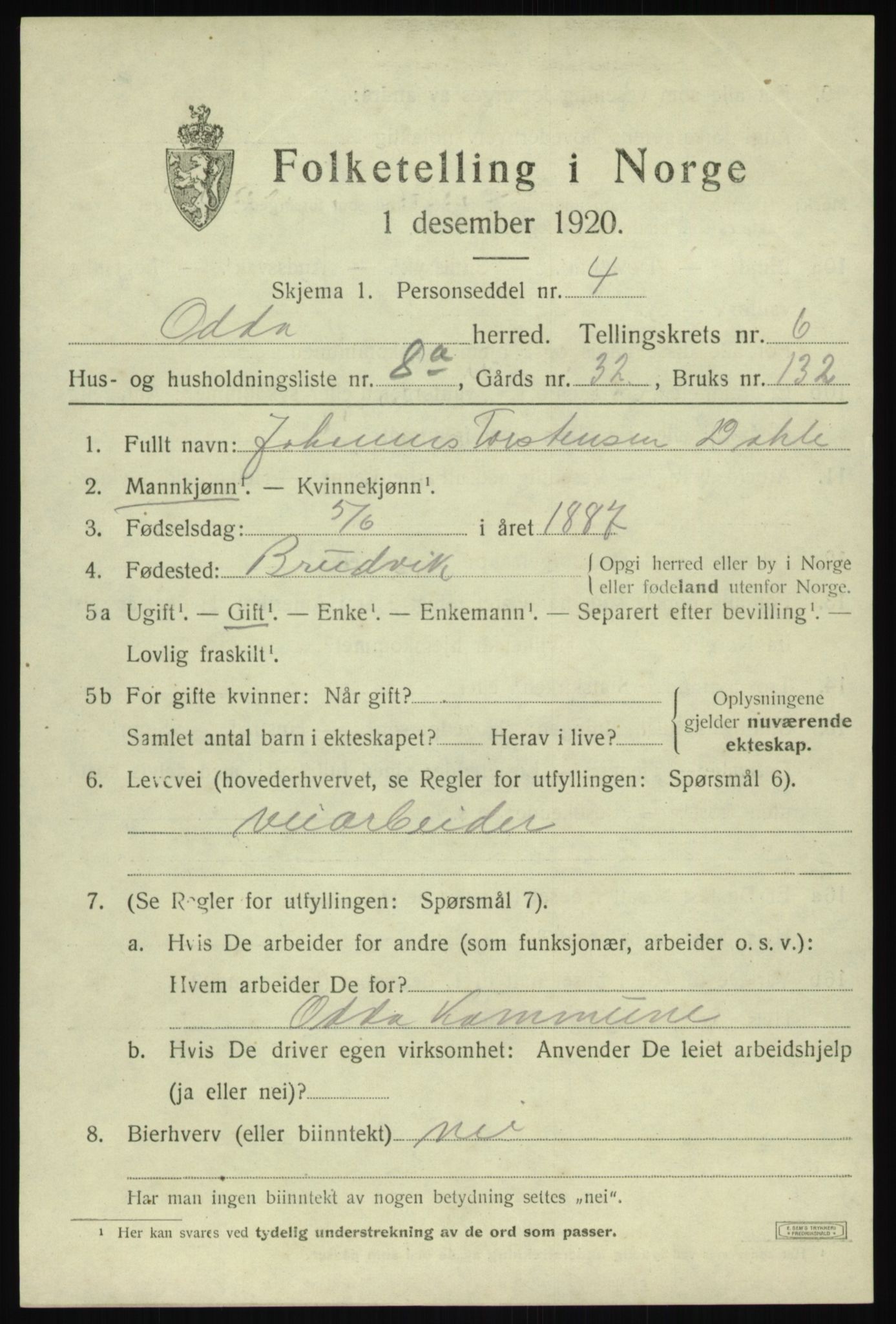 SAB, 1920 census for Odda, 1920, p. 4199