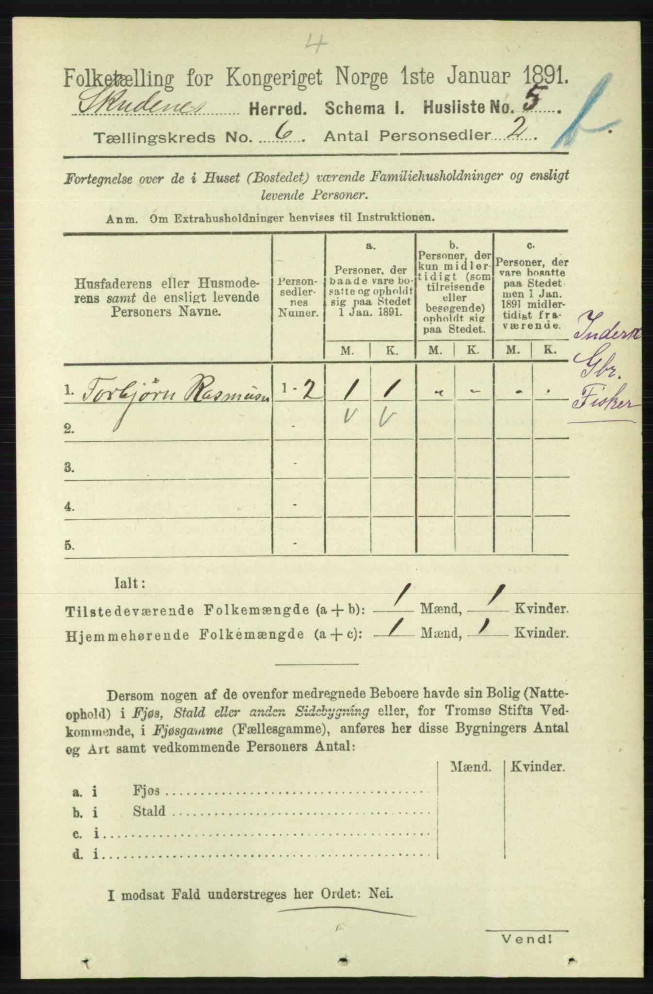 RA, 1891 census for 1150 Skudenes, 1891, p. 5563