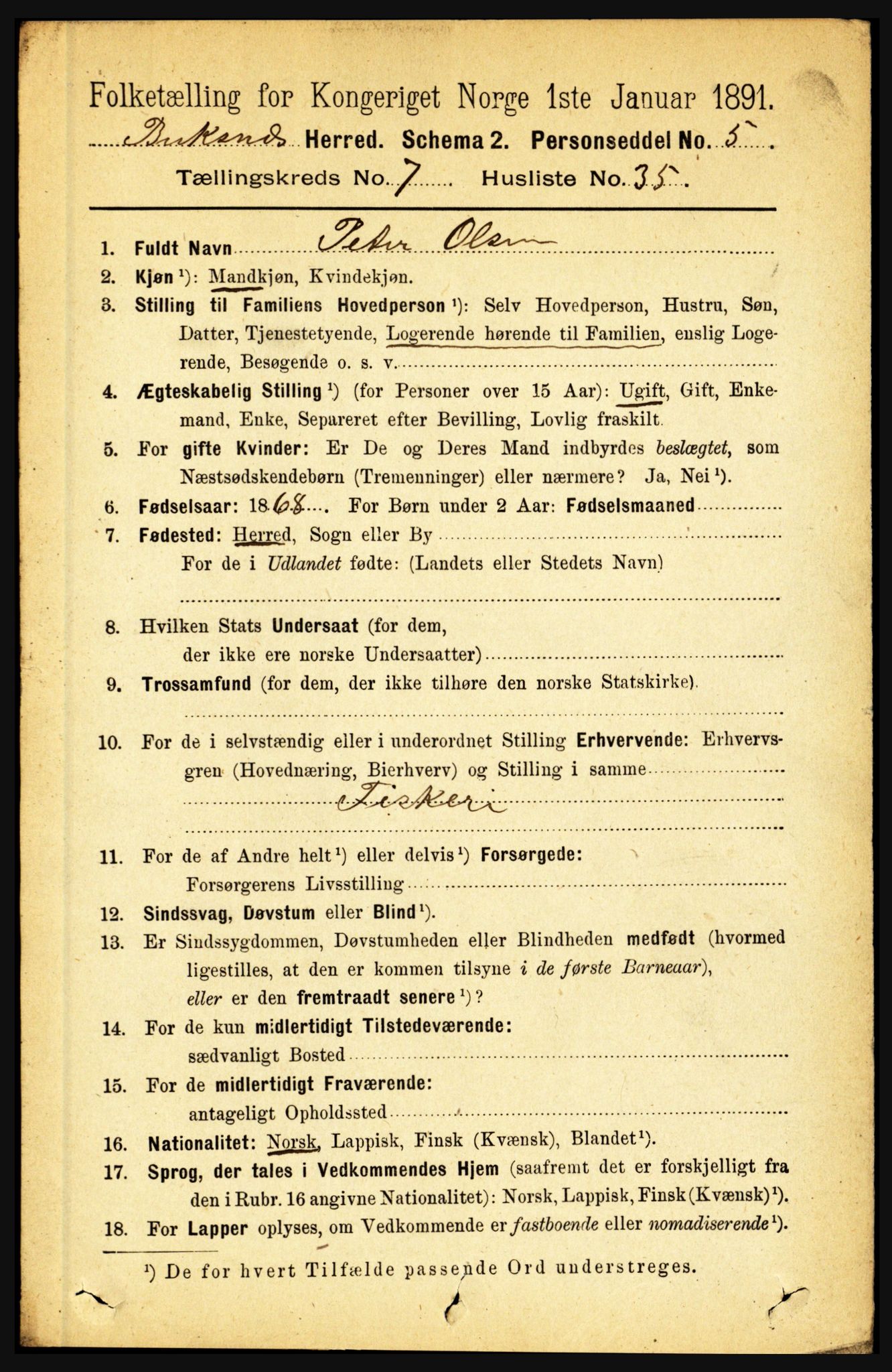 RA, 1891 census for 1860 Buksnes, 1891, p. 5214