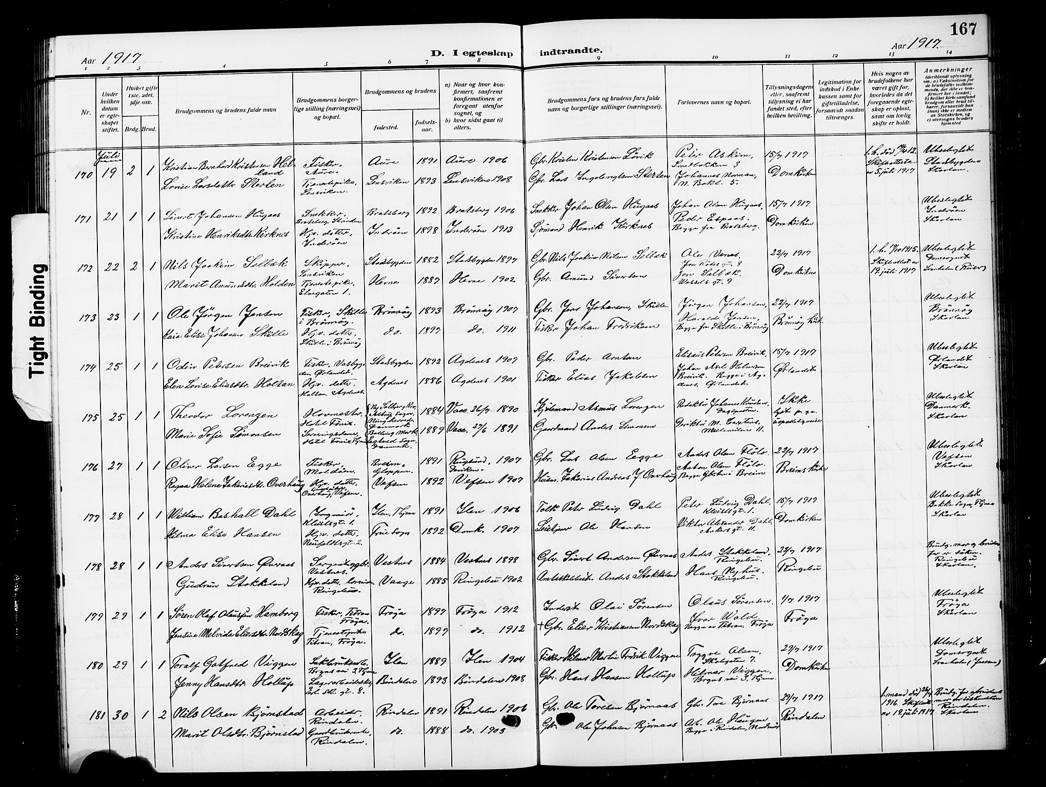 Ministerialprotokoller, klokkerbøker og fødselsregistre - Sør-Trøndelag, SAT/A-1456/601/L0097: Parish register (copy) no. 601C15, 1911-1921, p. 167