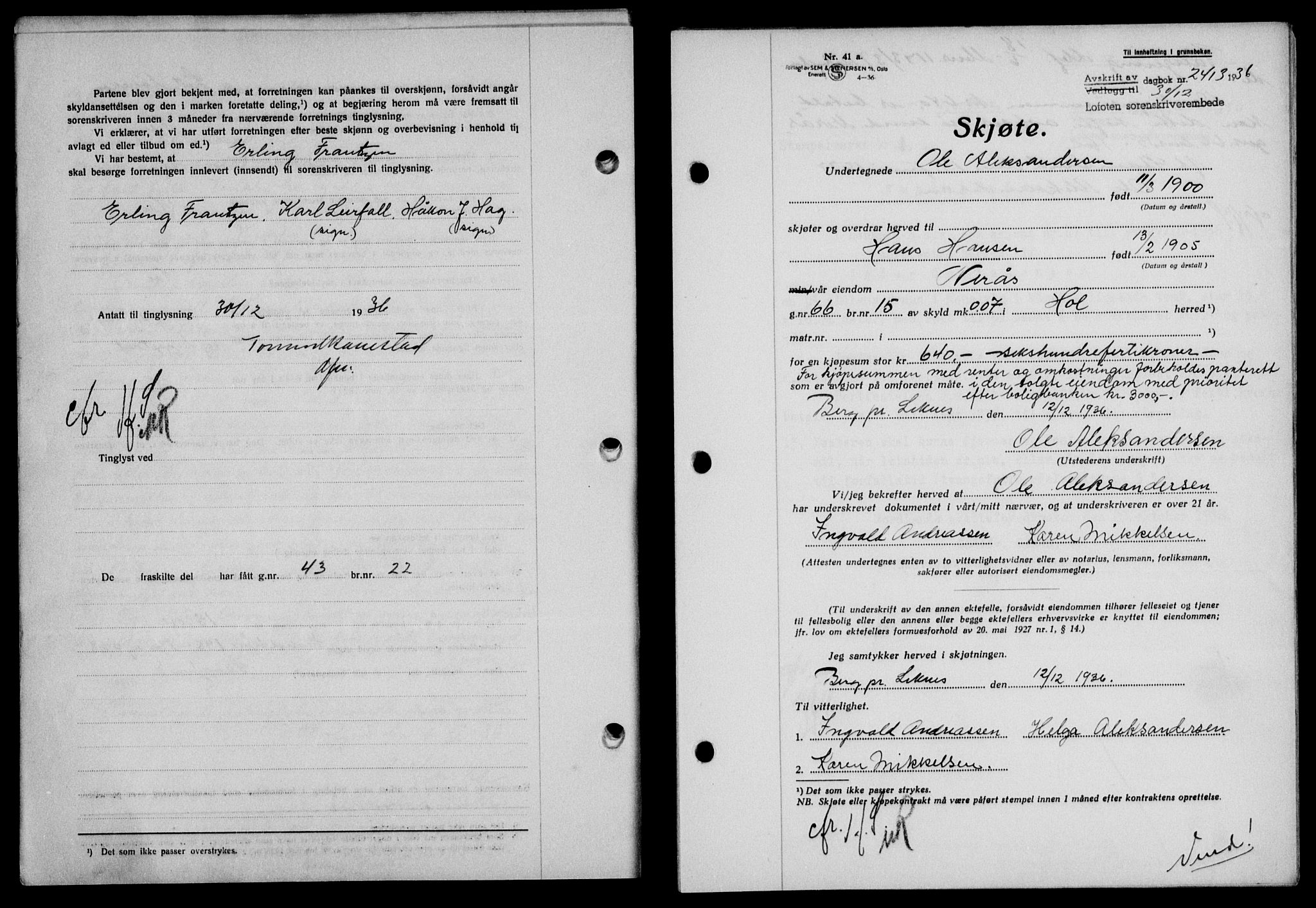 Lofoten sorenskriveri, SAT/A-0017/1/2/2C/L0001a: Mortgage book no. 1a, 1936-1937, Diary no: : 2413/1936