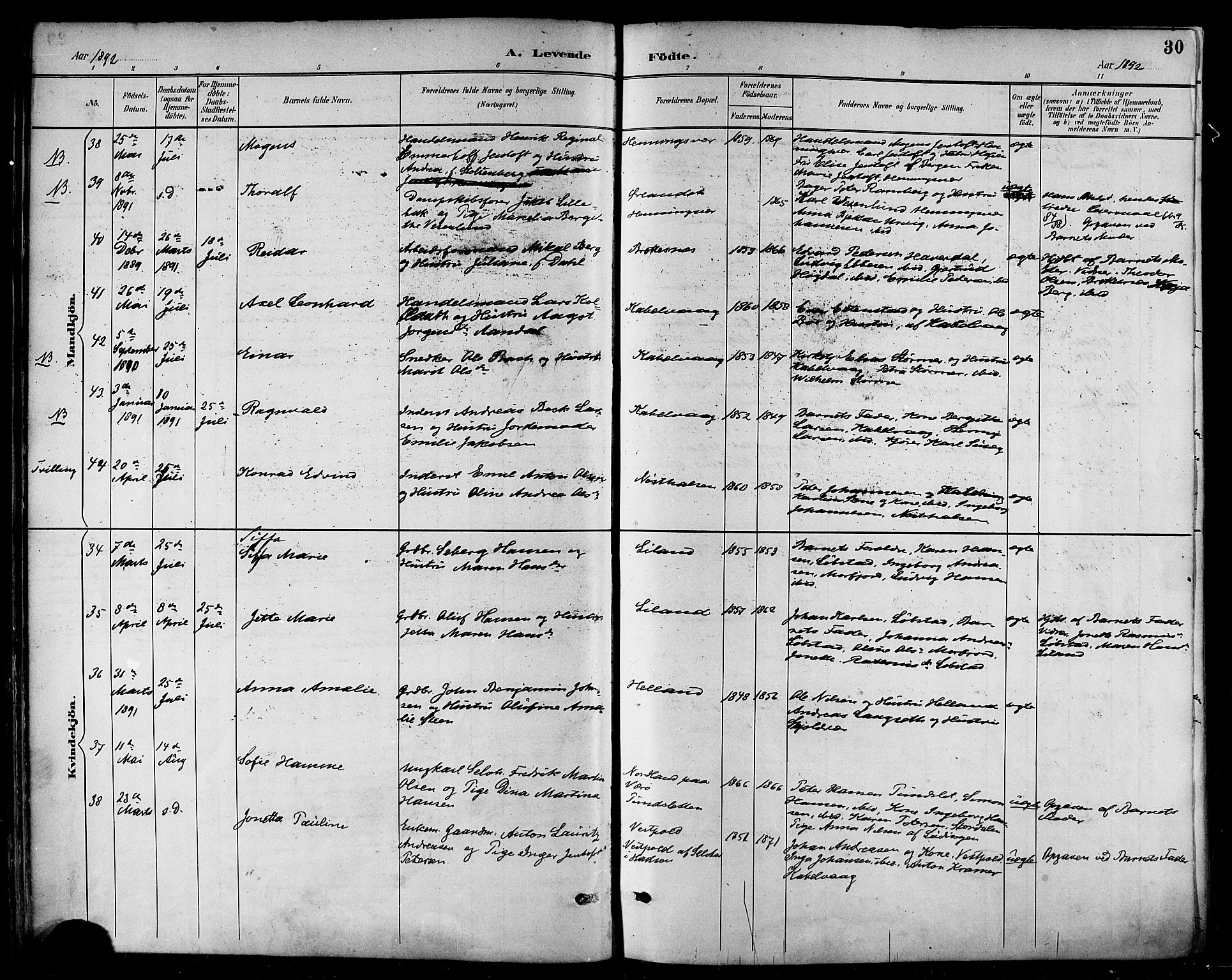 Ministerialprotokoller, klokkerbøker og fødselsregistre - Nordland, SAT/A-1459/874/L1060: Parish register (official) no. 874A04, 1890-1899, p. 30