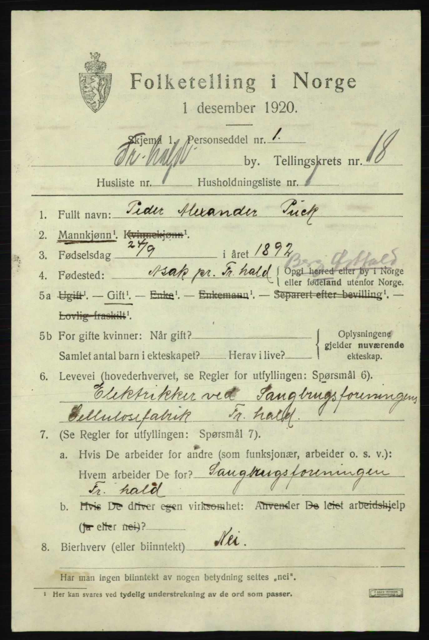 SAO, 1920 census for Fredrikshald, 1920, p. 26993