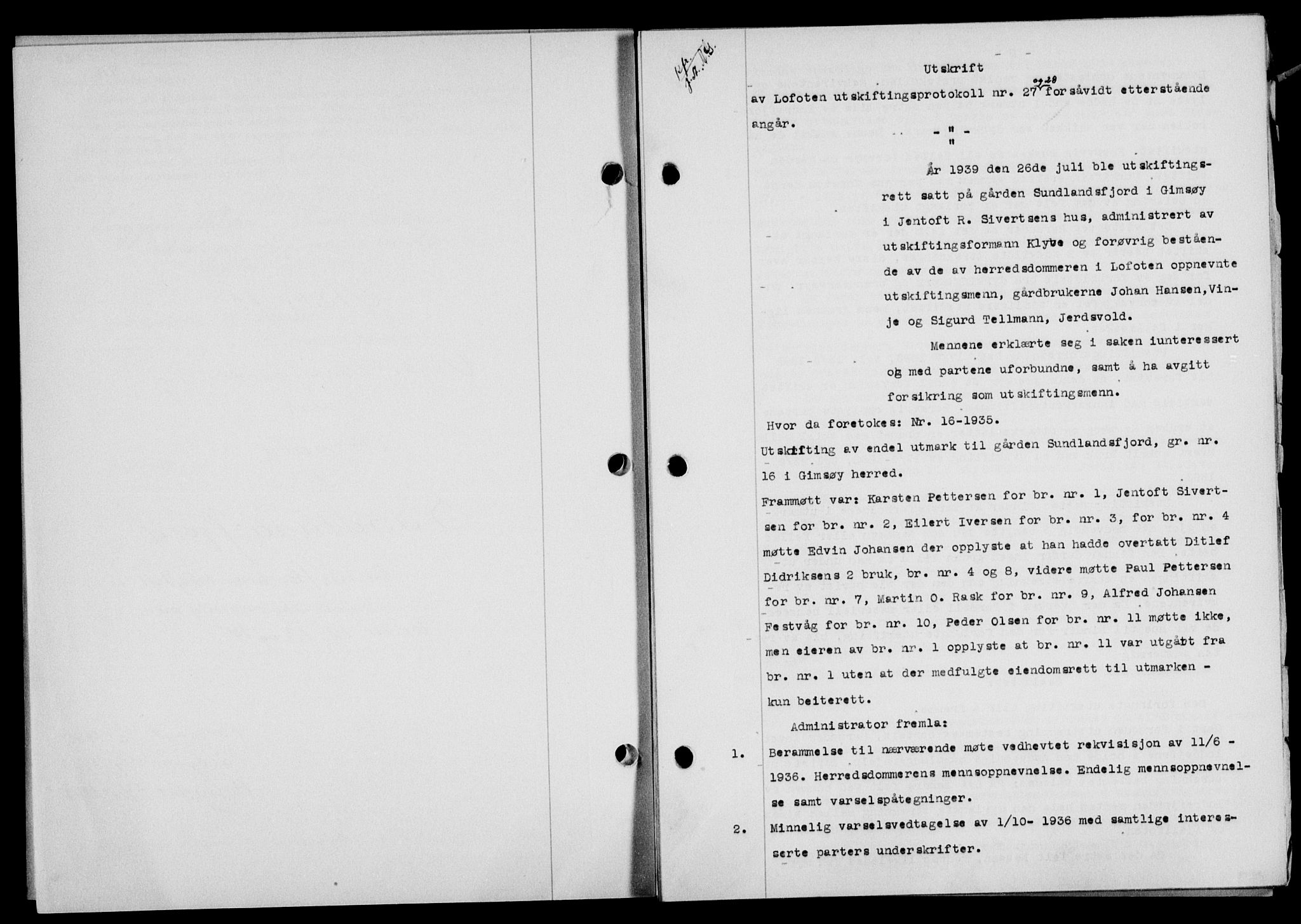 Lofoten sorenskriveri, SAT/A-0017/1/2/2C/L0013a: Mortgage book no. 13a, 1944-1946, Diary no: : 1020/1945